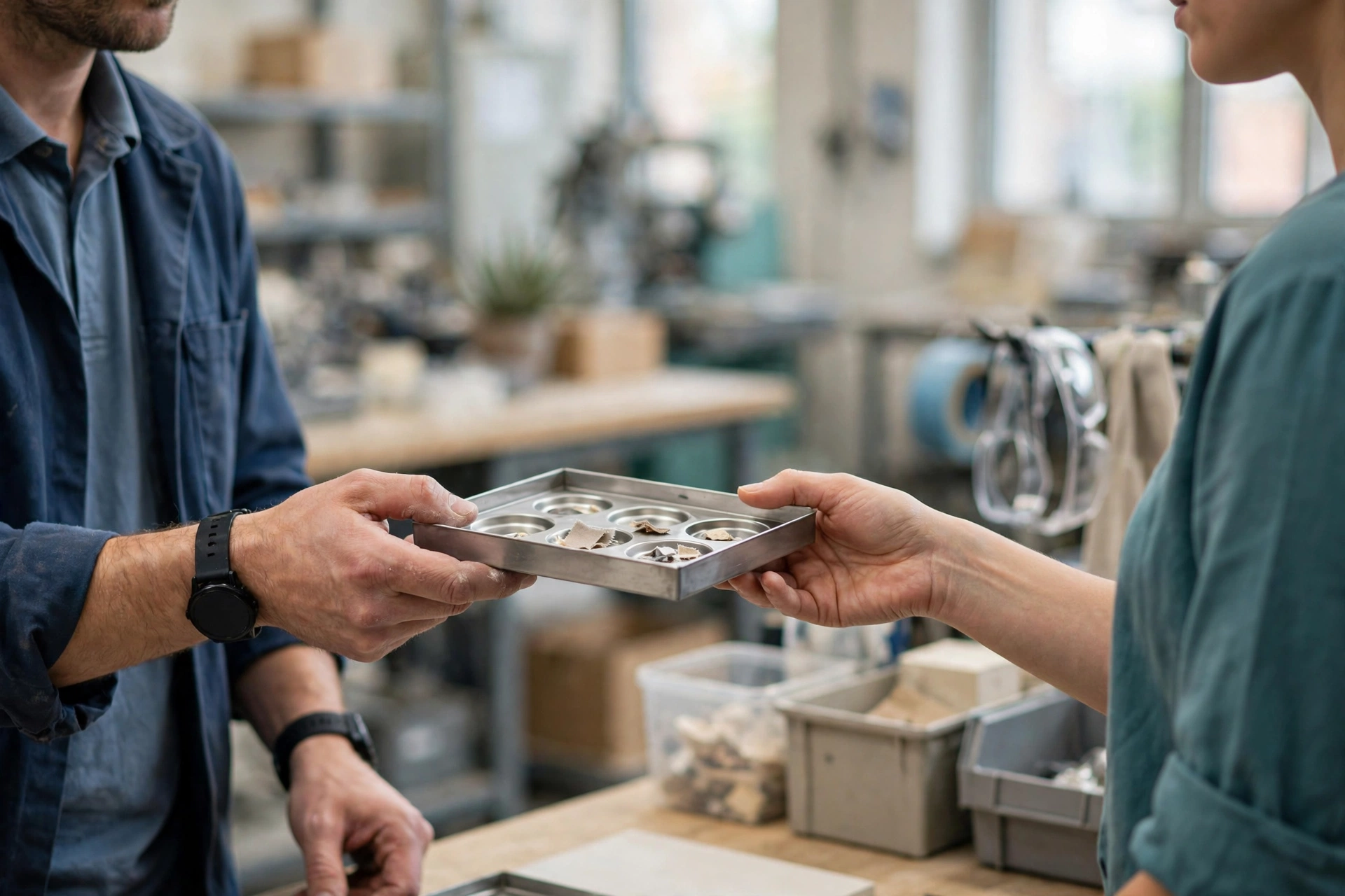 A person in a blue work shirt hands a small metal tray with samples to another person in a teal shirt in a workshop.