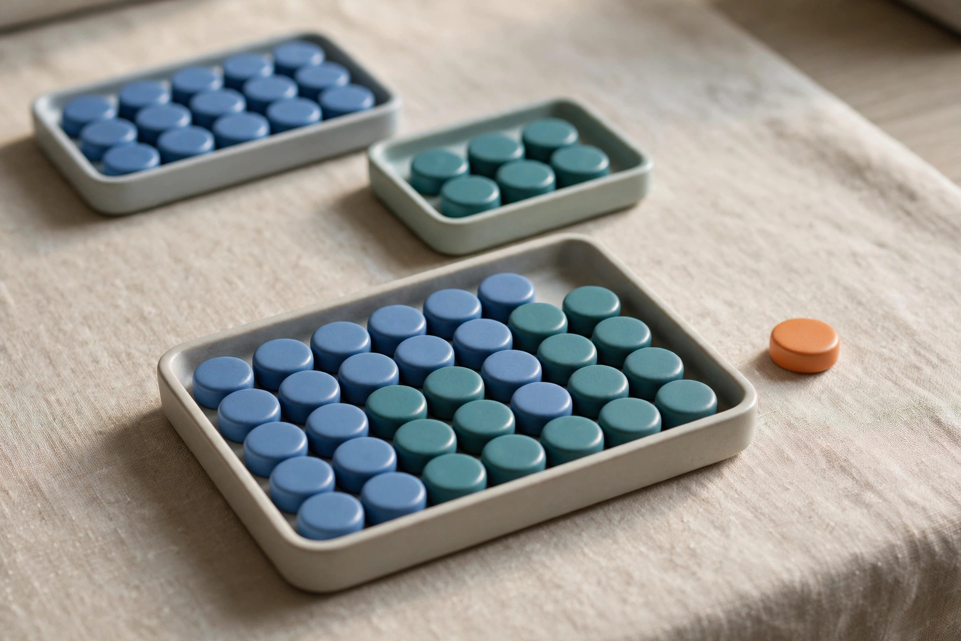 Two trays of blue and teal tokens merge into a single tray, with an orange token isolated to the side.