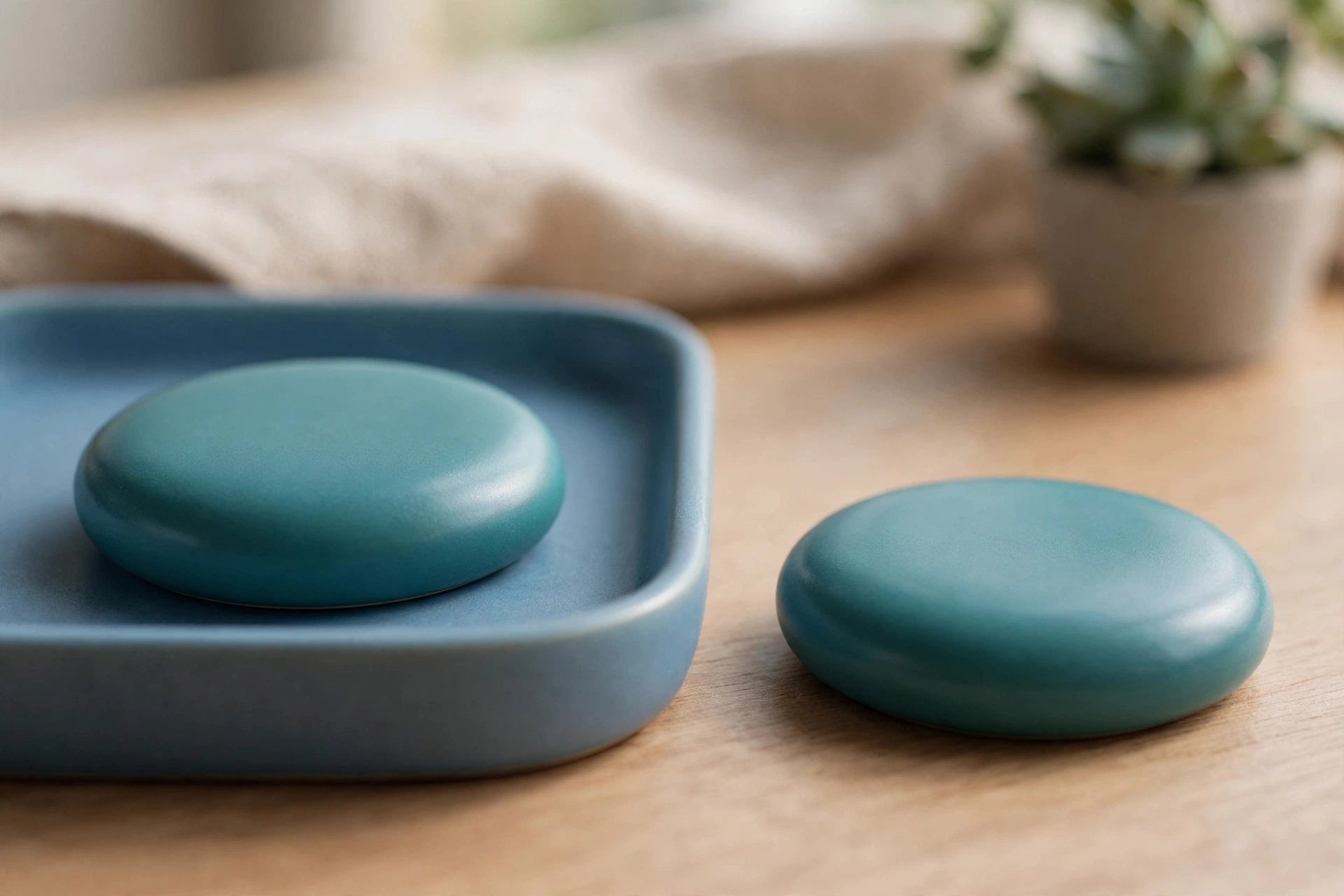 Two identical teal discs are on a wooden desk; one sits in a blue tray, and the other is placed separately beside it.