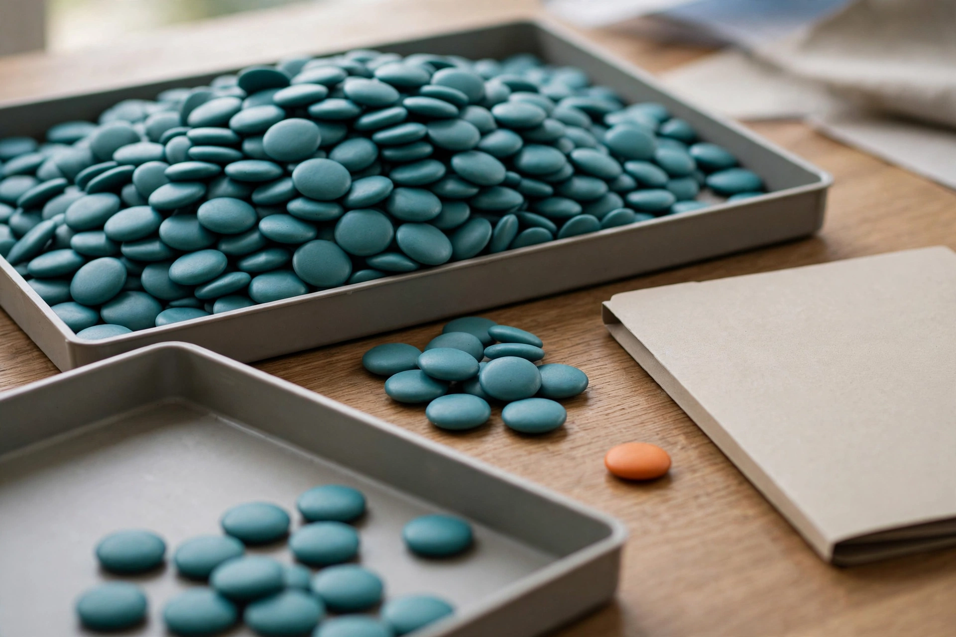 Teal tokens fill one tray, with some scattered in another and between trays, next to an orange token and a blank folder.
