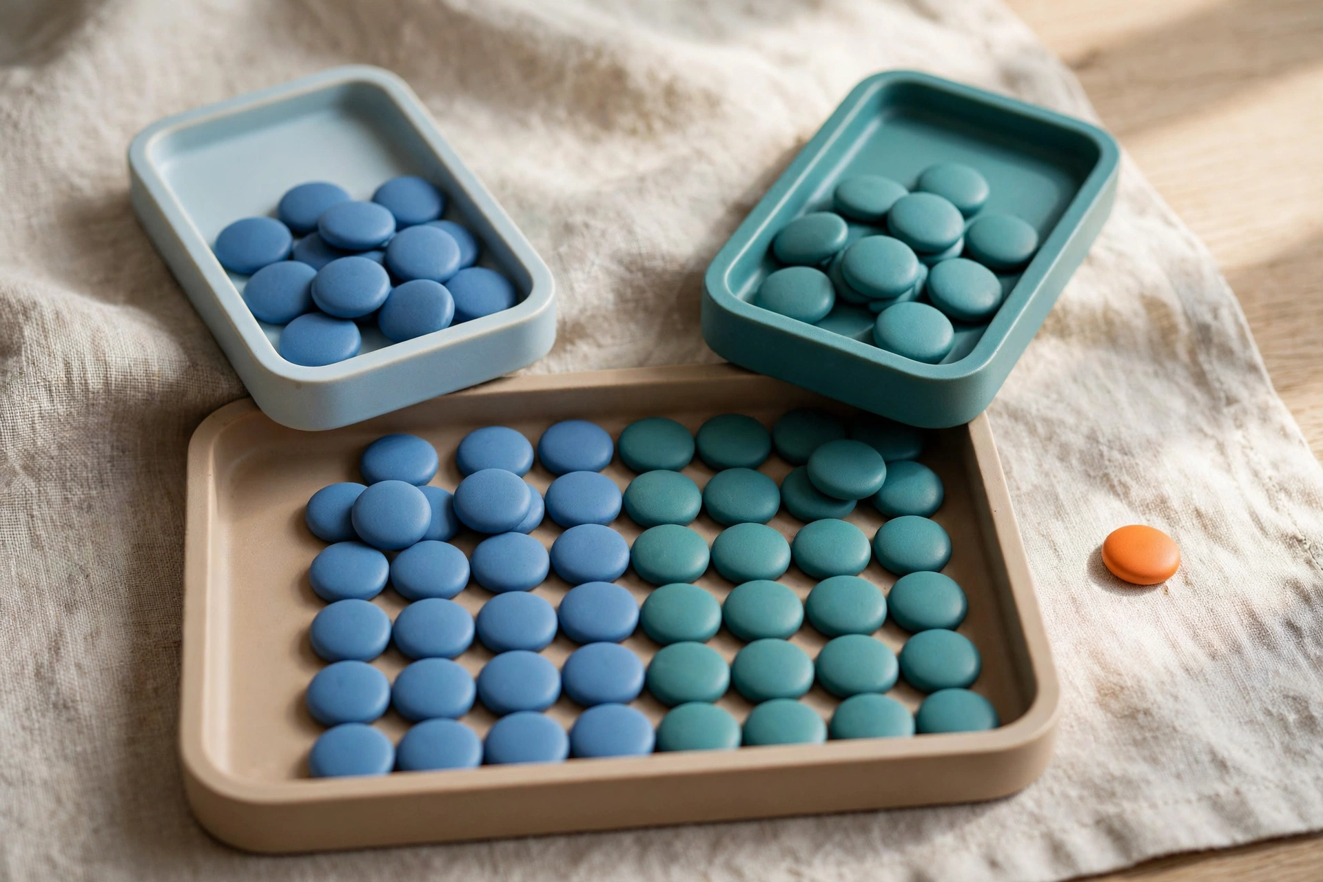 Two shallow trays of blue and teal tokens converge into a single larger tray, with one orange token isolated beside it on a textured cloth.