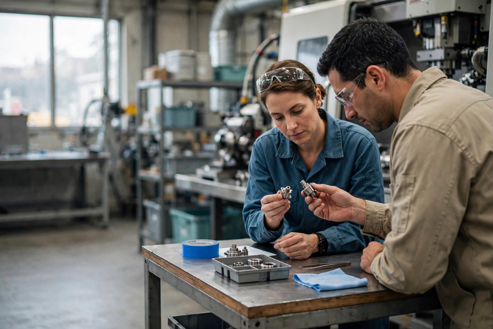 A woman in blue overalls and safety glasses holds a metal part while a man in a tan shirt examines another part at a table in a manufacturing facility.