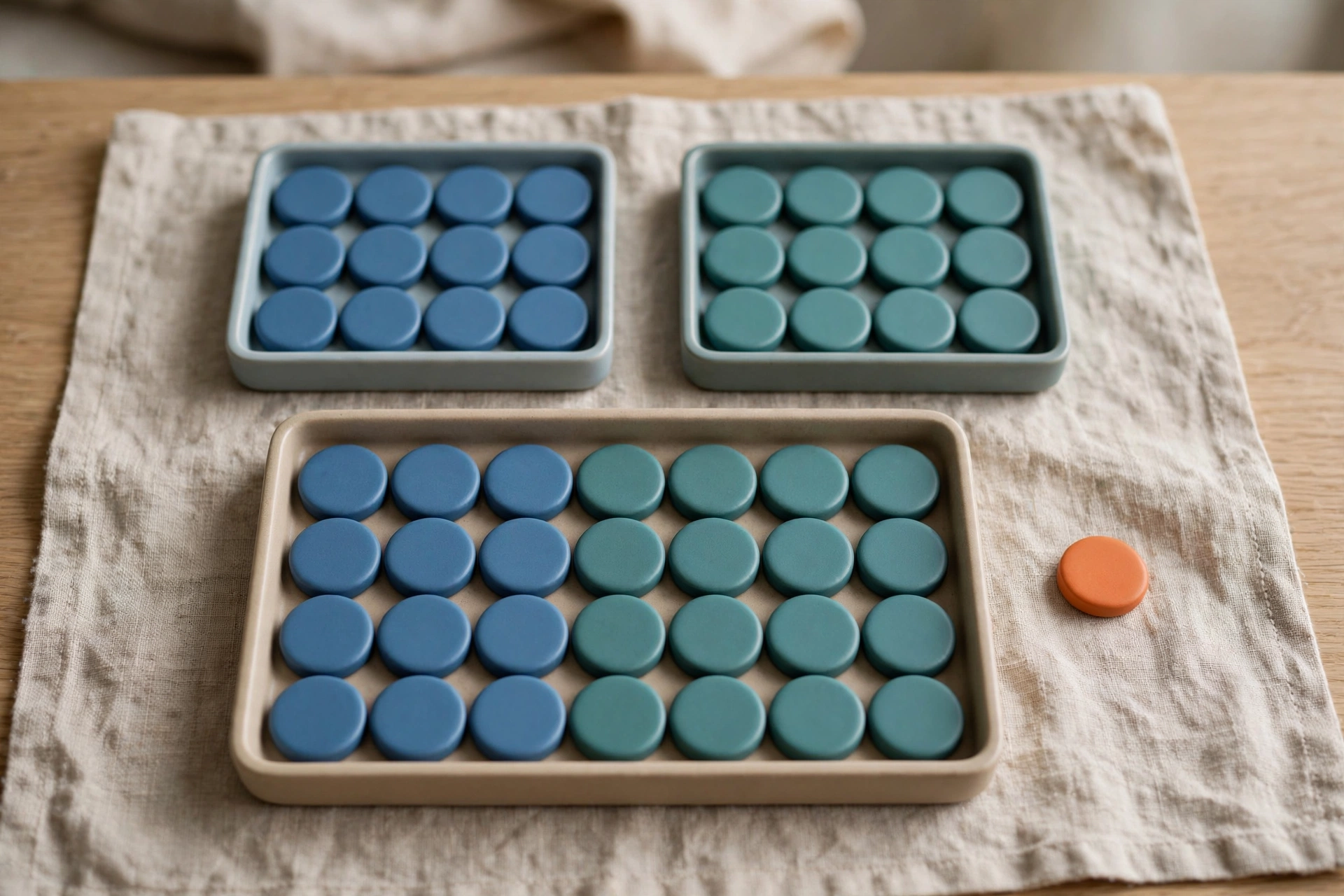 Two trays of blue and teal tokens converge into a single larger tray, with one orange token isolated to the side.