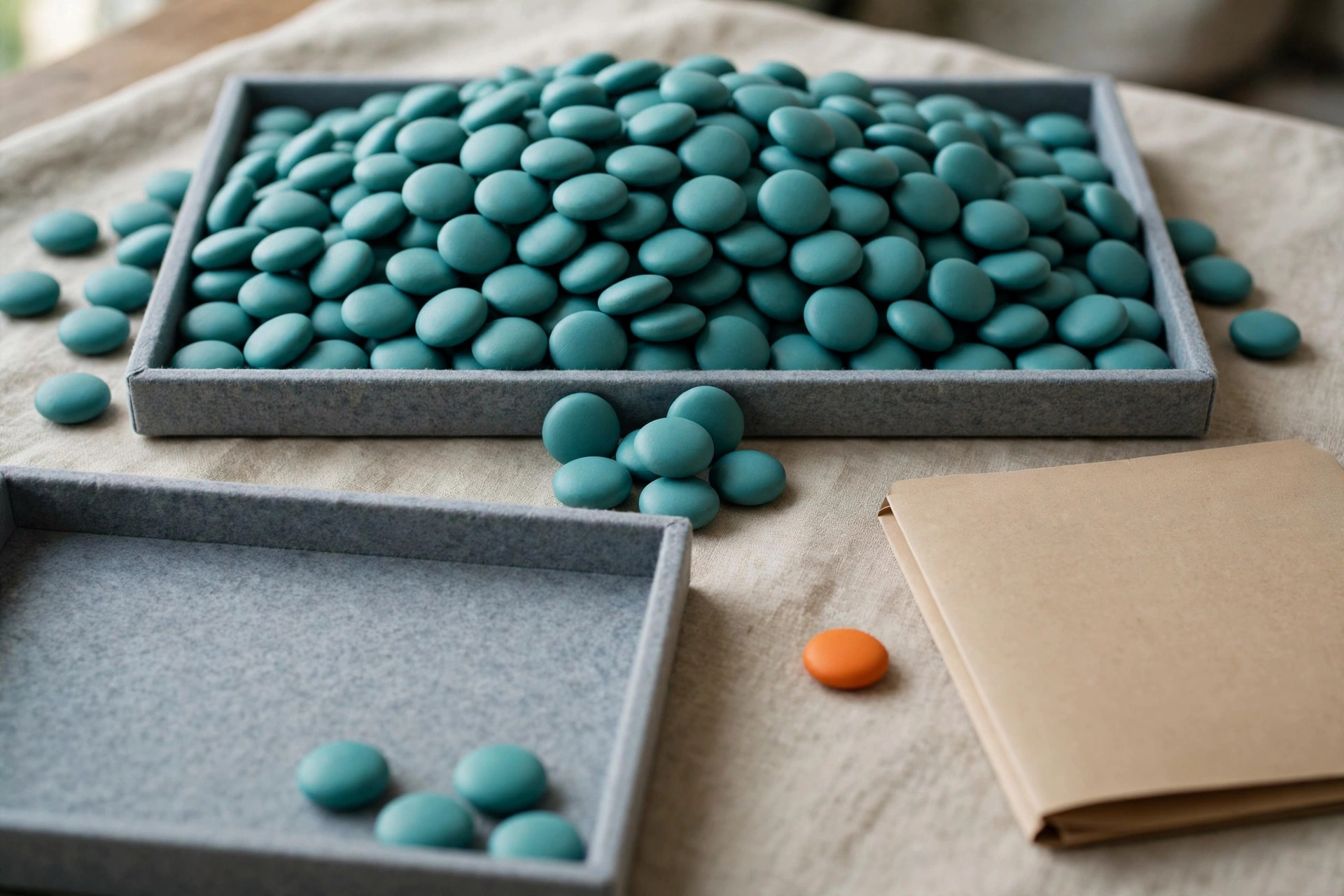 Teal tokens are in two trays, with some tokens between them and one orange token near a closed folder.