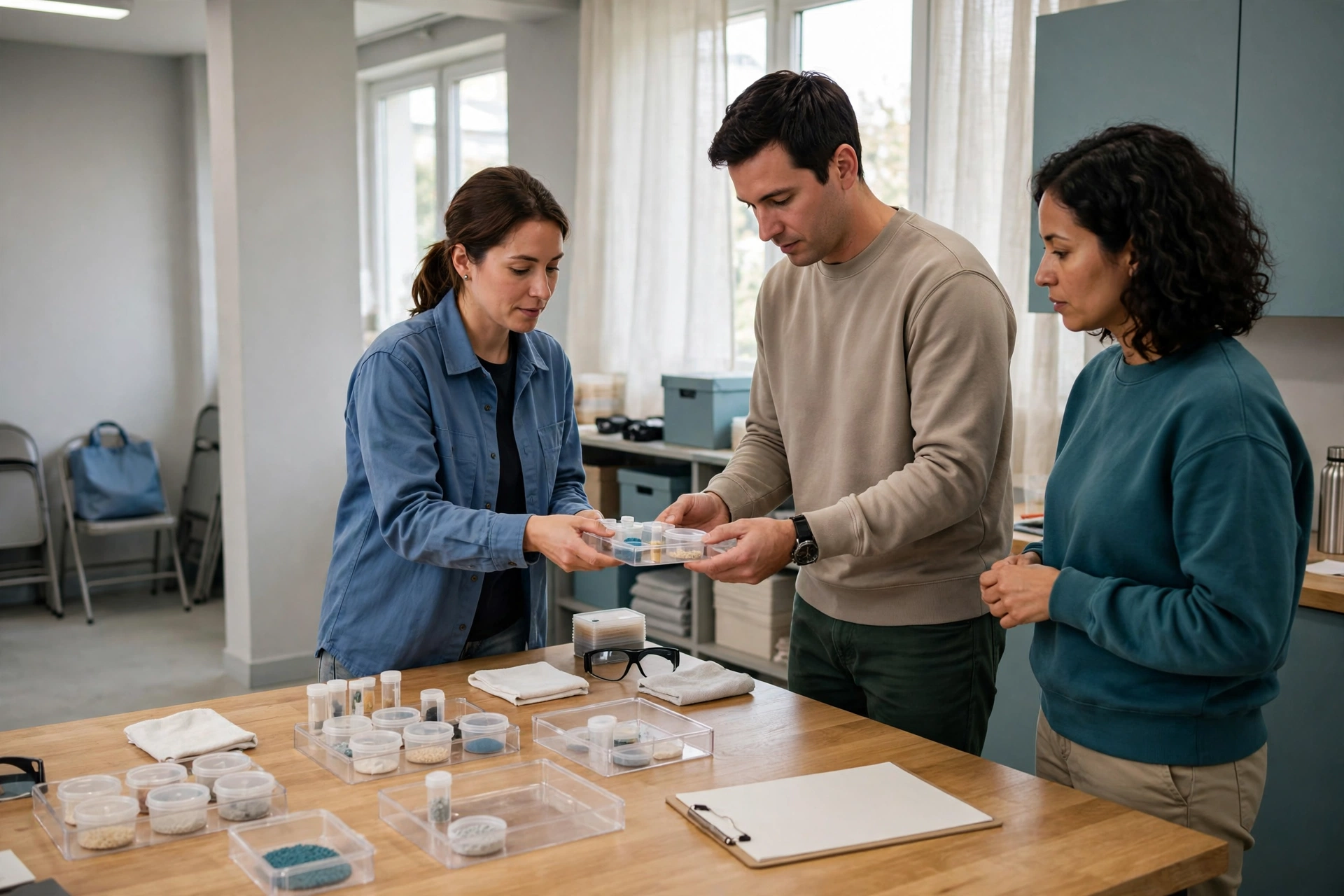 A woman hands a tray of samples to a man while a woman watches in a bright training room.
