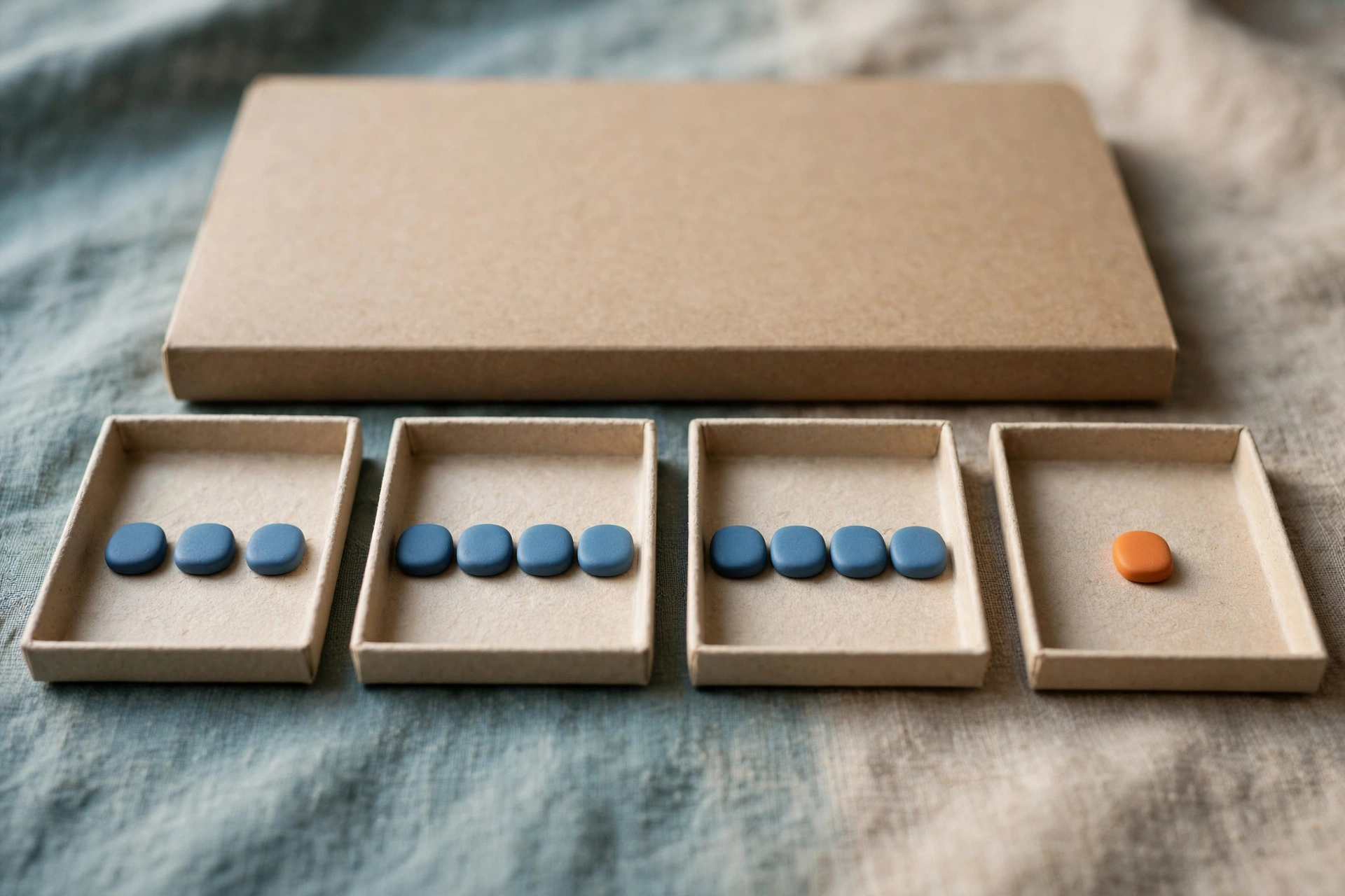 Four shallow office trays with blue tokens progress from left to right, with one orange token isolated in the rightmost tray.