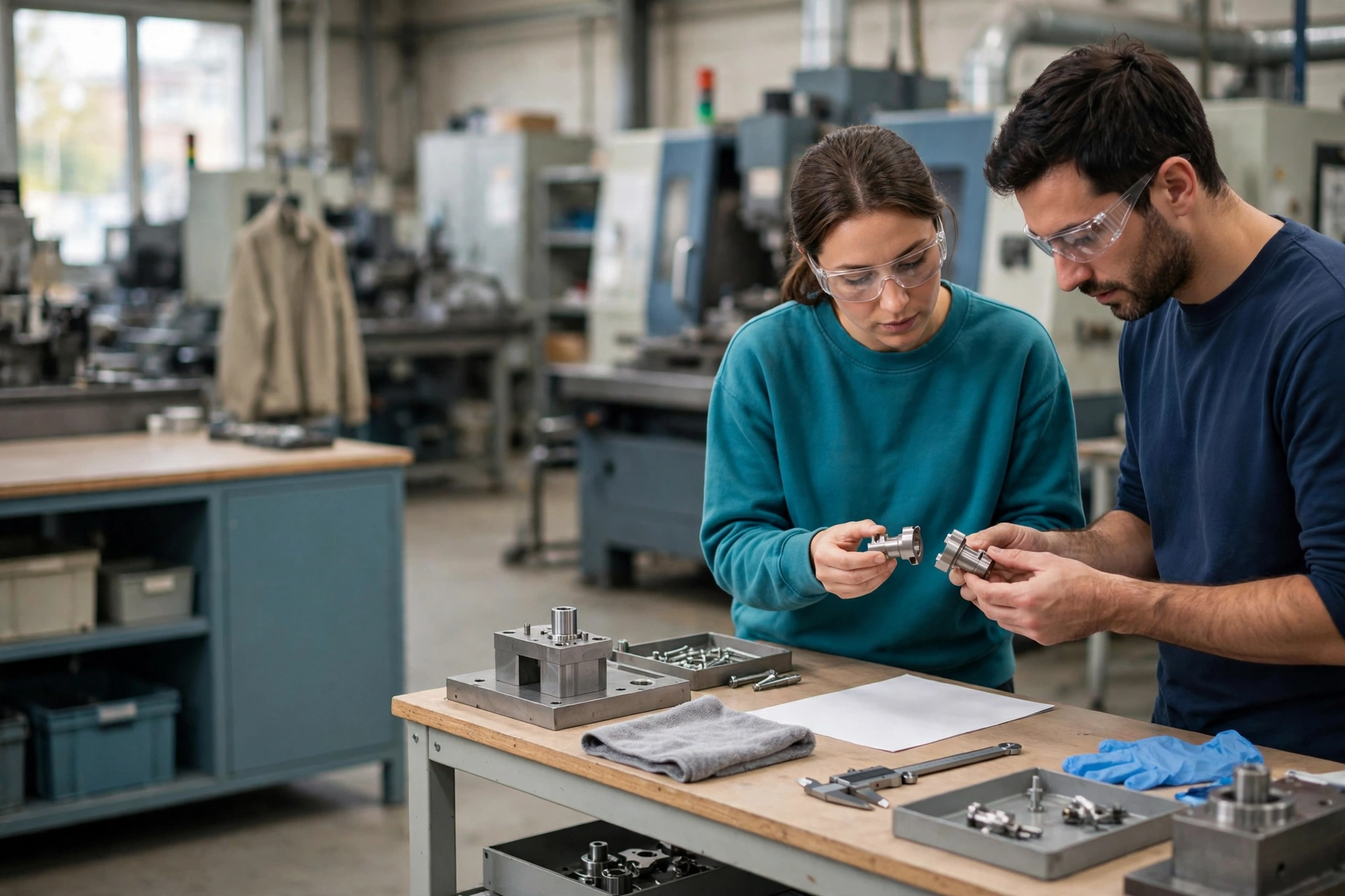 A man and a woman wearing safety glasses compare metal parts at a workbench in a manufacturing facility.