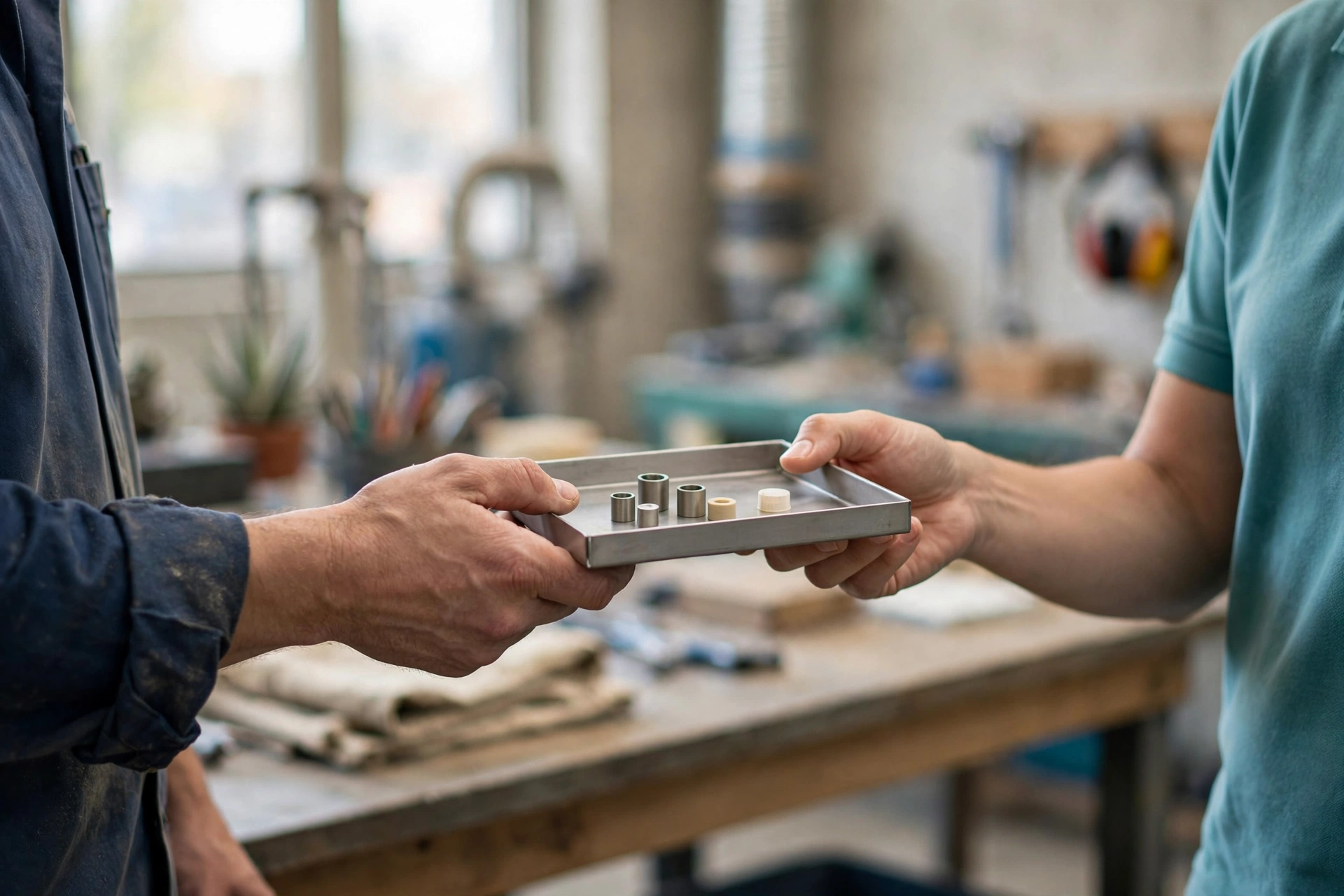 A person in a blue shirt hands a metal tray with small parts to another person in a teal shirt in a workshop.