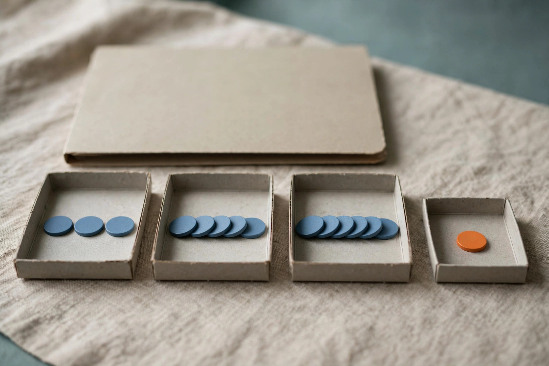 Four shallow office trays with blue tokens progress from left to right, with one orange token isolated in the fourth tray, and a closed folder behind them.