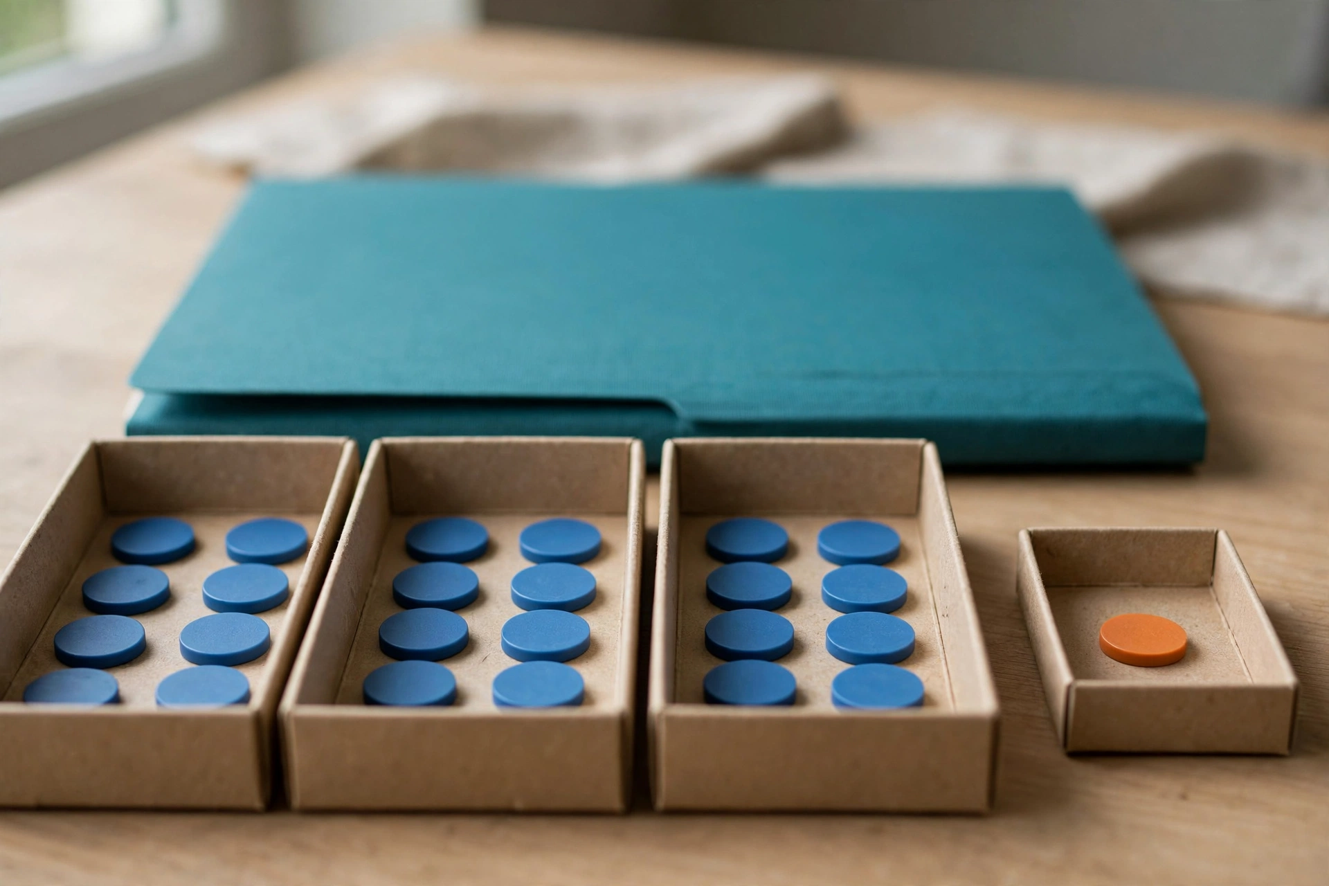Blue tokens are distributed in three trays, and one orange token sits in a small separate tray on a wooden surface.