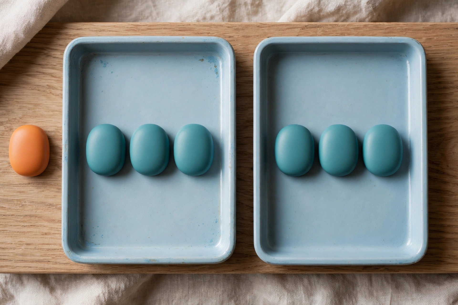 Two blue trays with teal tokens sit on a wooden board next to an orange token, representing billing reconciliation.