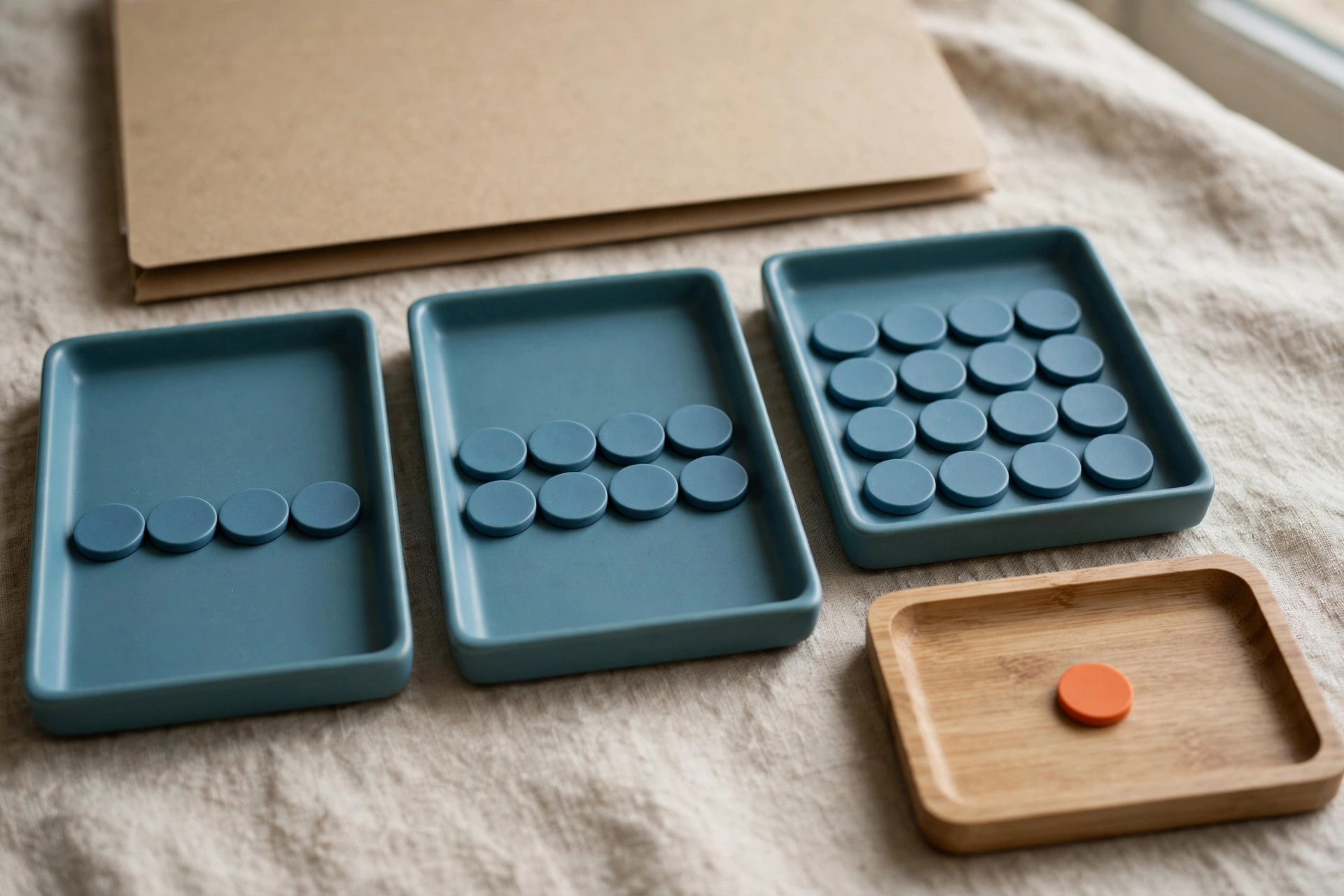 Three blue trays with tokens progress from left to right, with a fourth tray holding a single orange token.