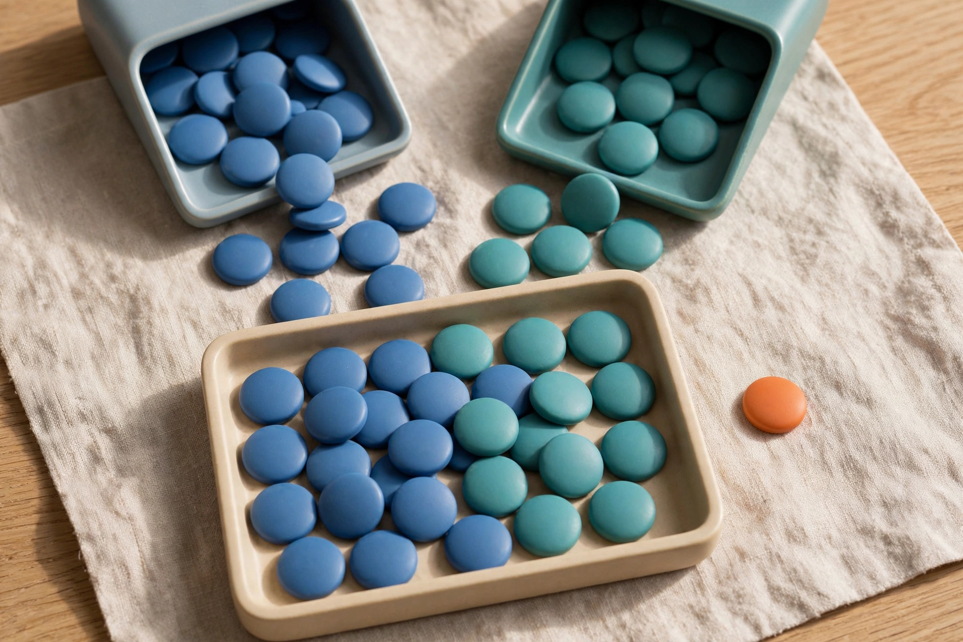 Two separate containers of blue and teal tokens converge into a single tray, with one orange token beside it.