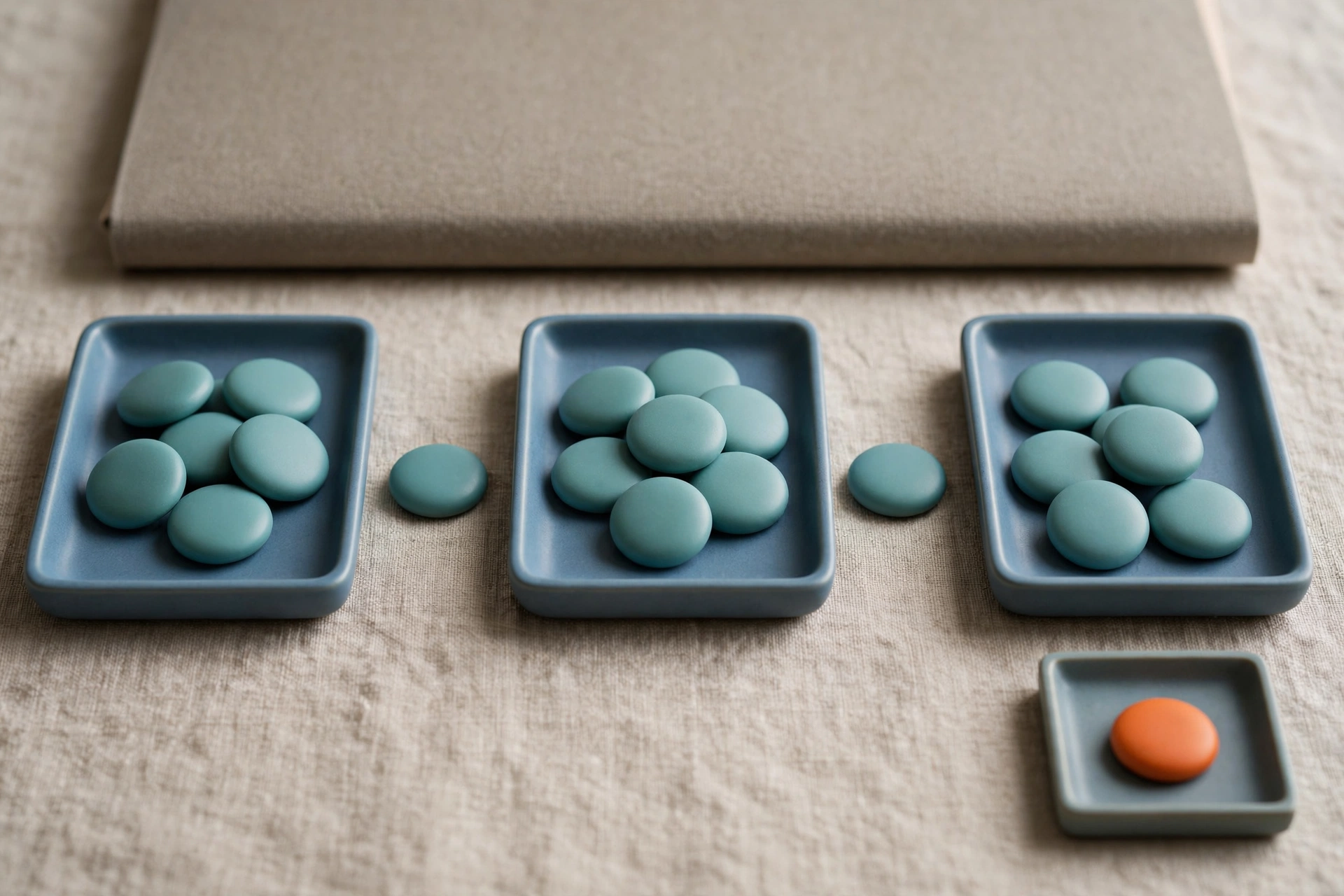 Three blue trays with teal tokens in a sequence and a separate tray with an orange token are arranged on a neutral surface.