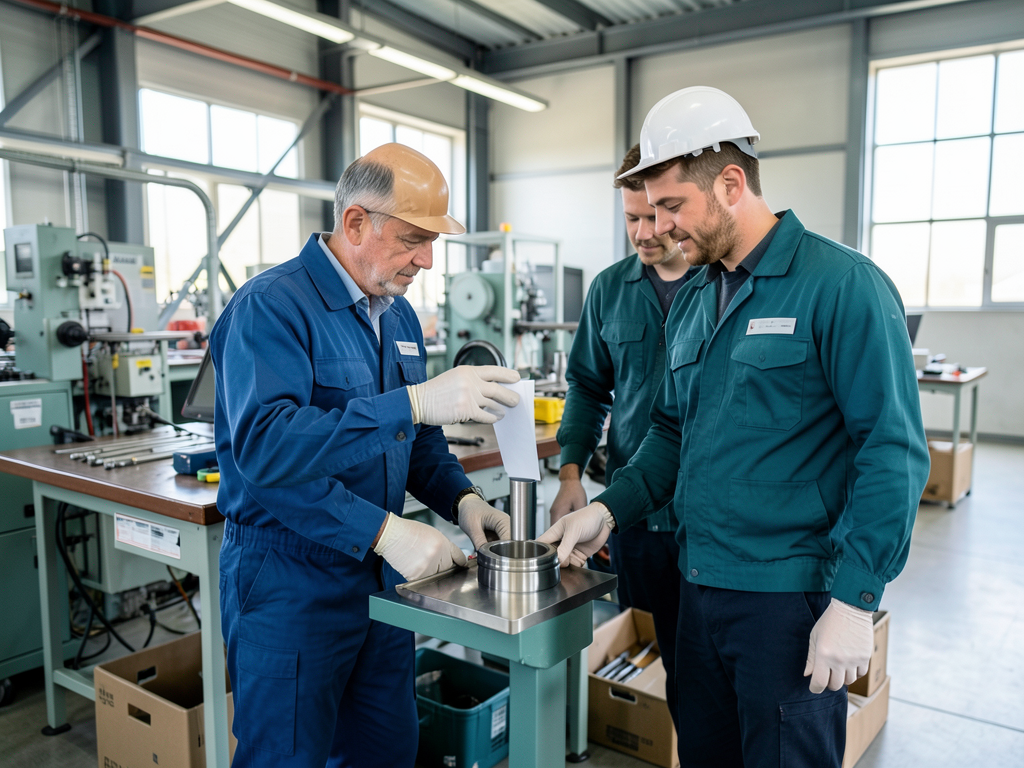 Three men in a factory work cell inspect a metal component while wearing protective gear.