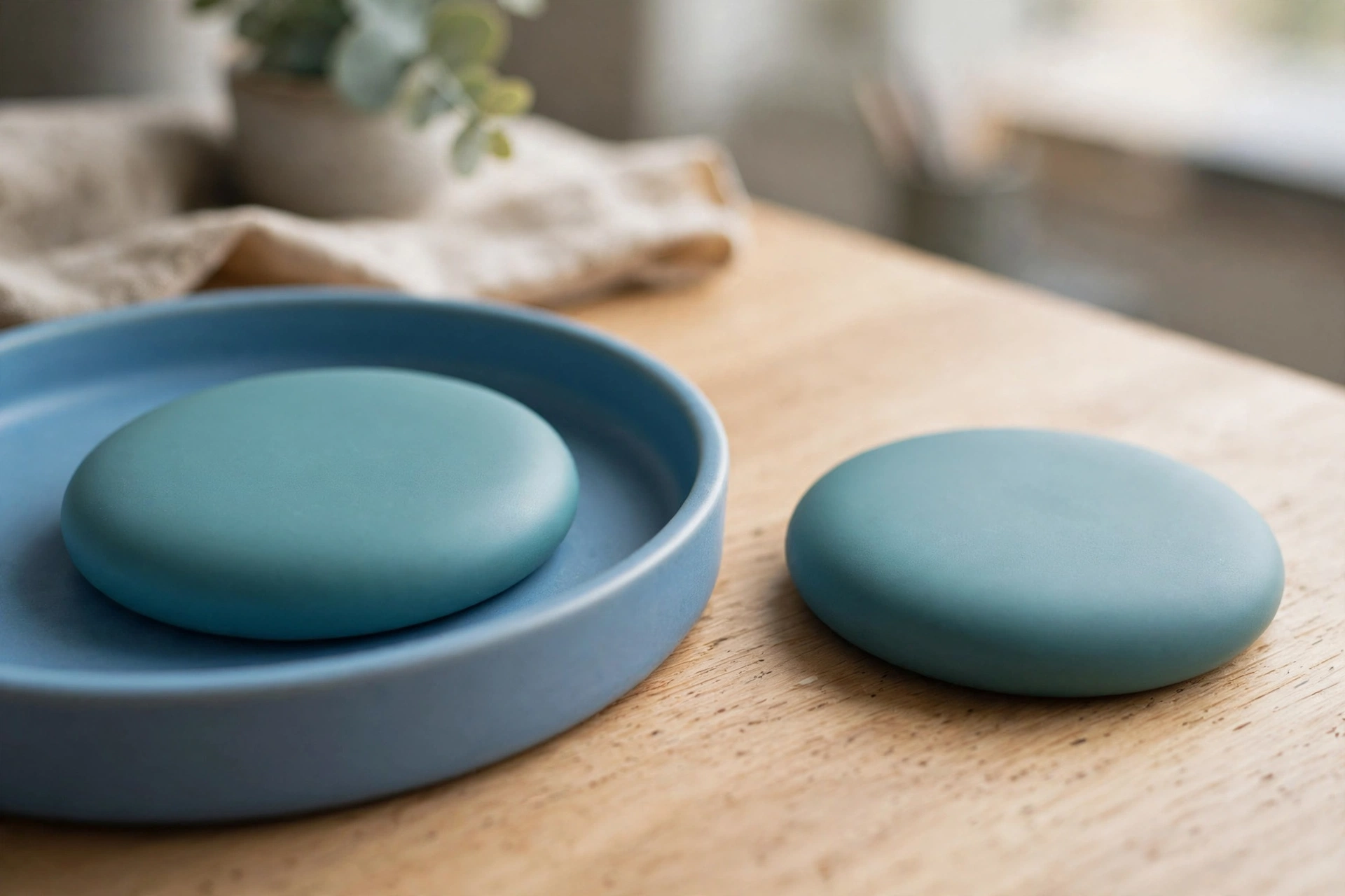 Two identical teal discs are shown, one in a blue tray and the other beside it on a wooden surface.