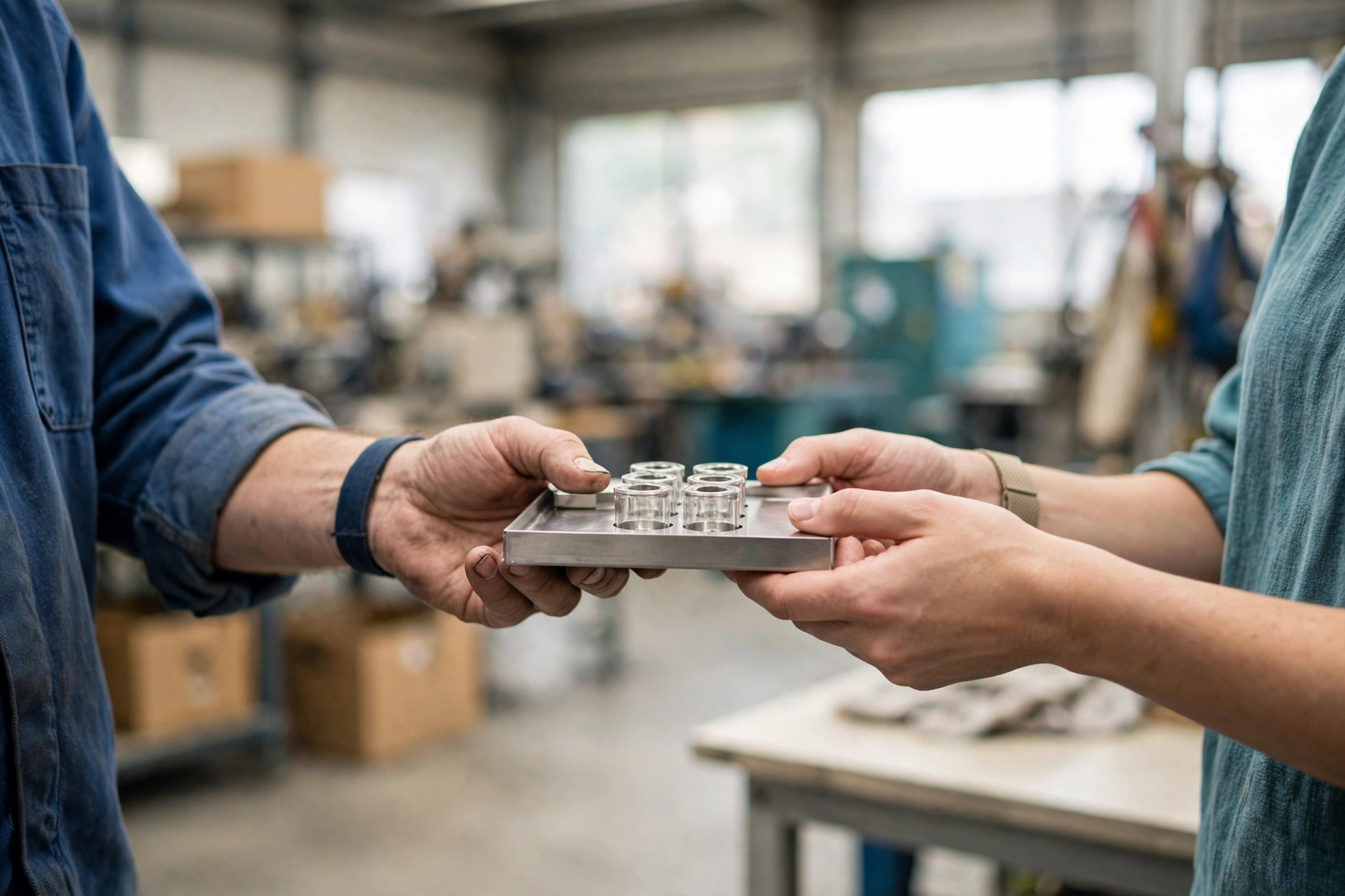 A plant operations colleague hands a sample tray with small cylindrical parts to a customer-facing teammate in a bright manufacturing workshop.