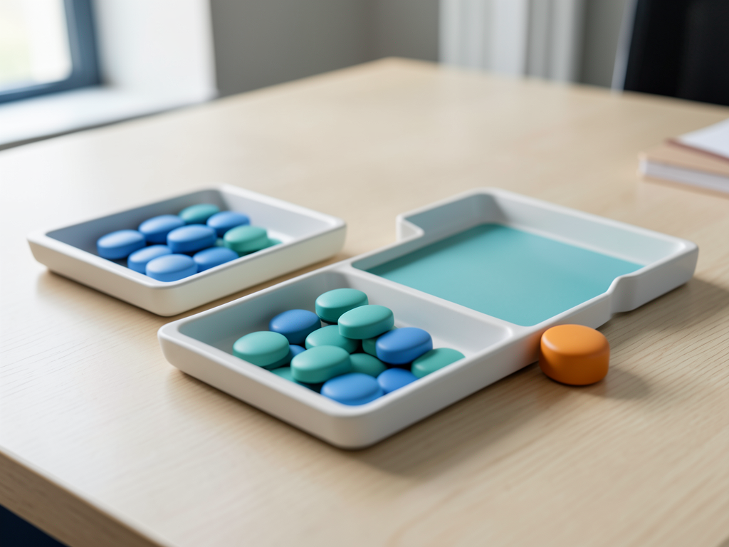 Two trays of blue and teal tokens merge into a single organized tray with an orange token beside it on a wooden desk.