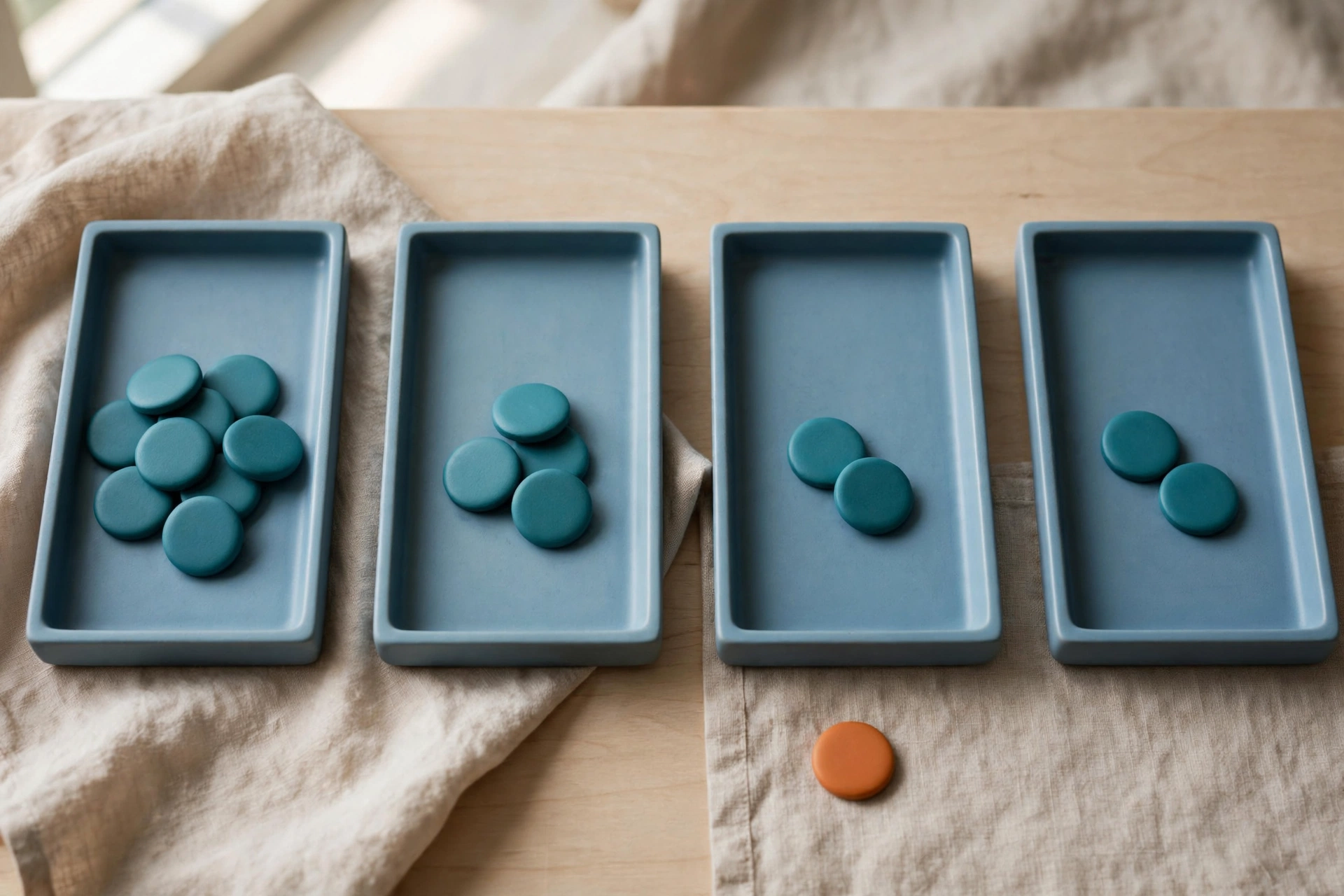 Four blue trays with teal tokens arranged left to right, with an orange token beside the second tray.