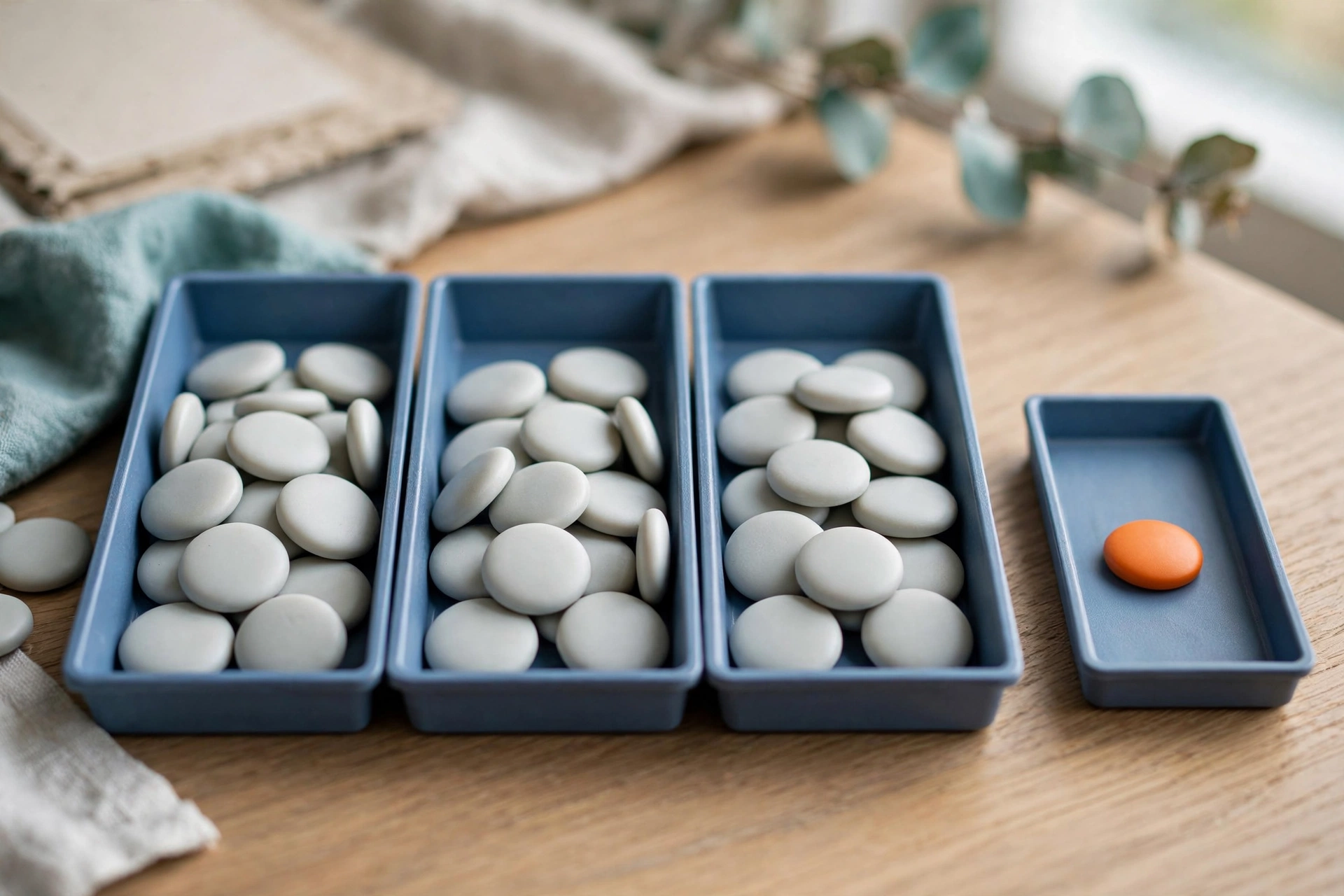 Three blue trays filled with white tokens are arranged next to a fourth blue tray containing a single orange token on a wooden surface.