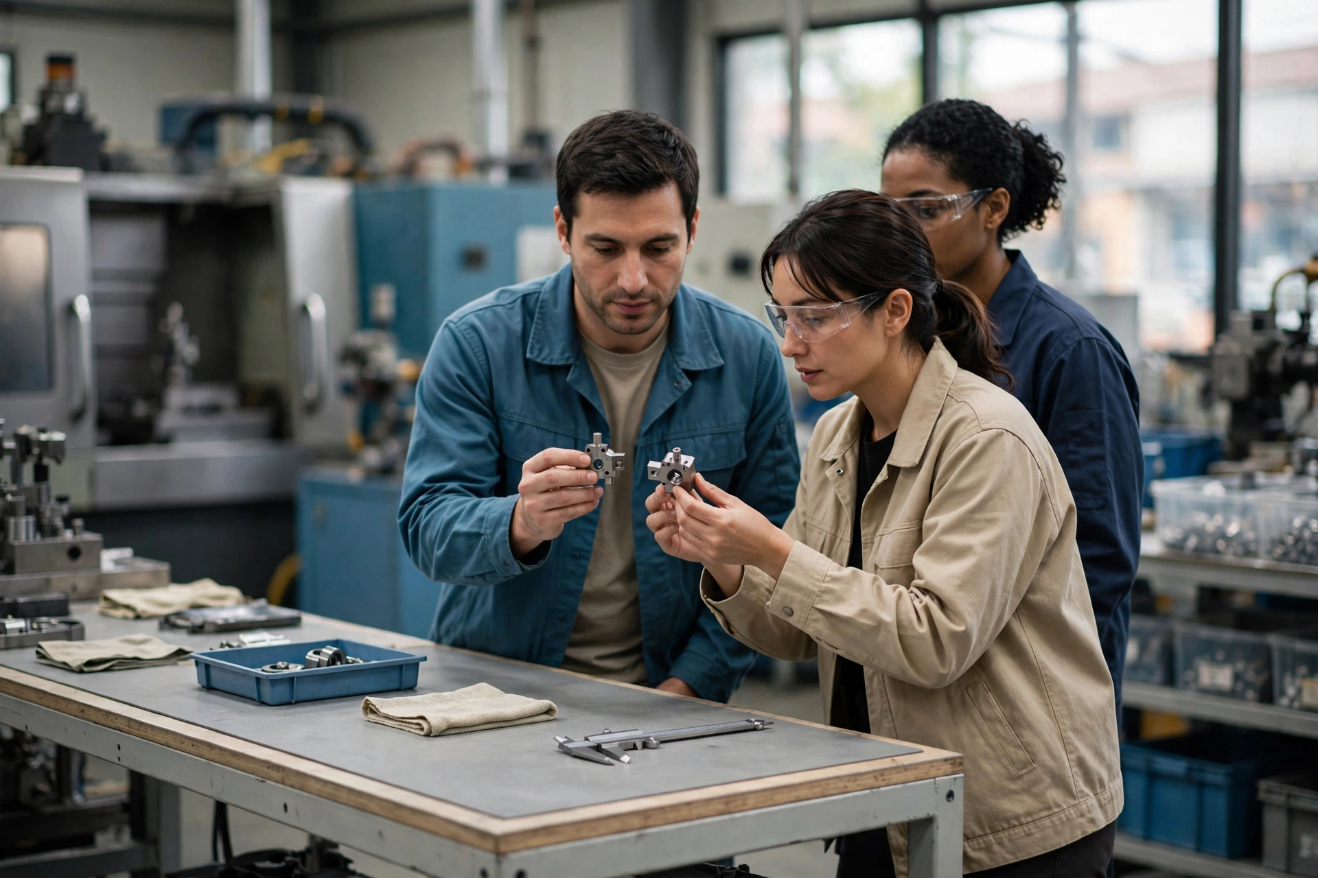 A man and two women in a manufacturing facility compare small metal parts at a workbench, with machinery visible behind them.