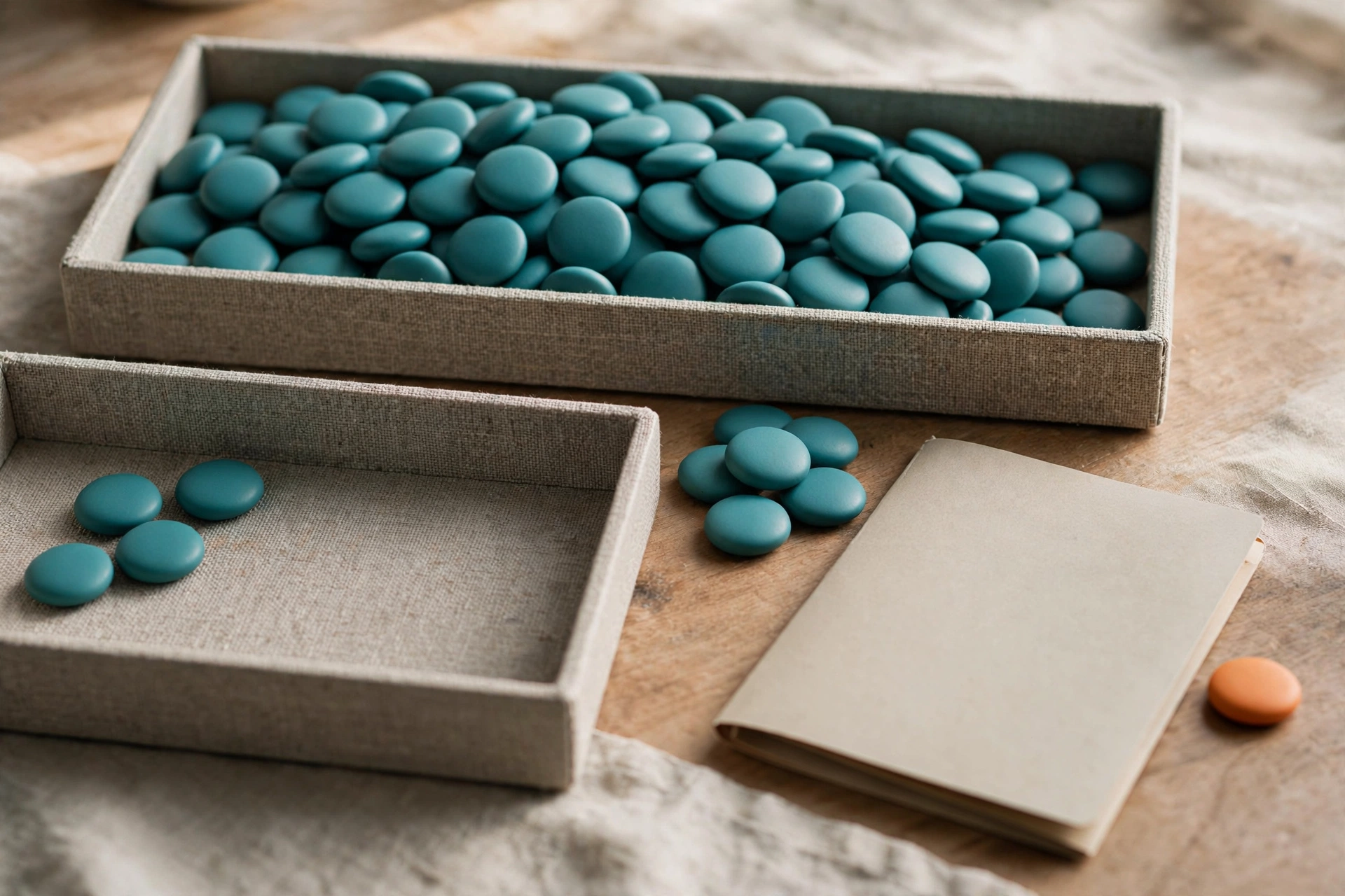 Teal tokens are in two trays, with some tokens between them, next to a closed folder and an orange token.