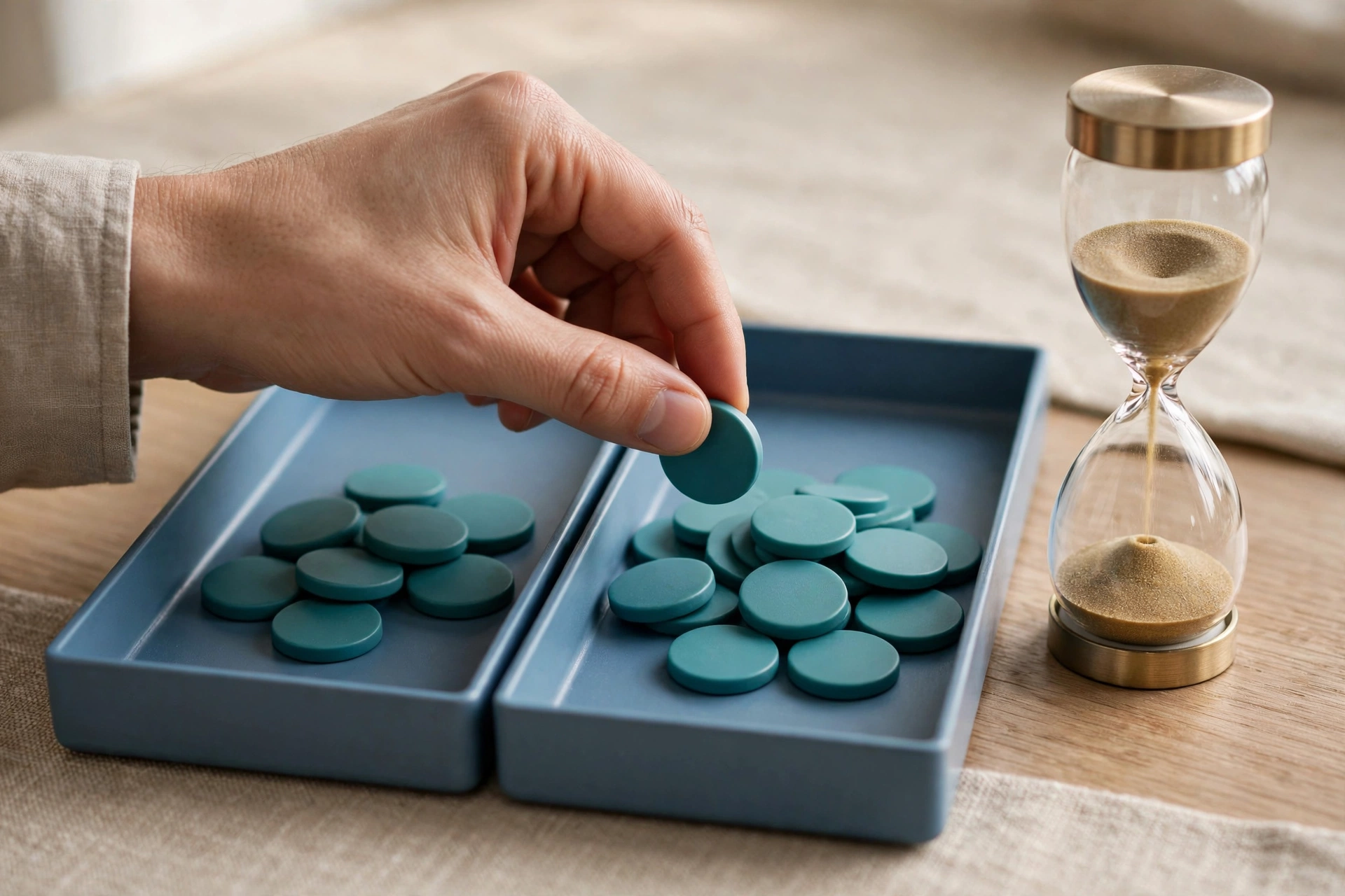 A hand places a teal token into a blue tray next to another tray and a flowing hourglass.