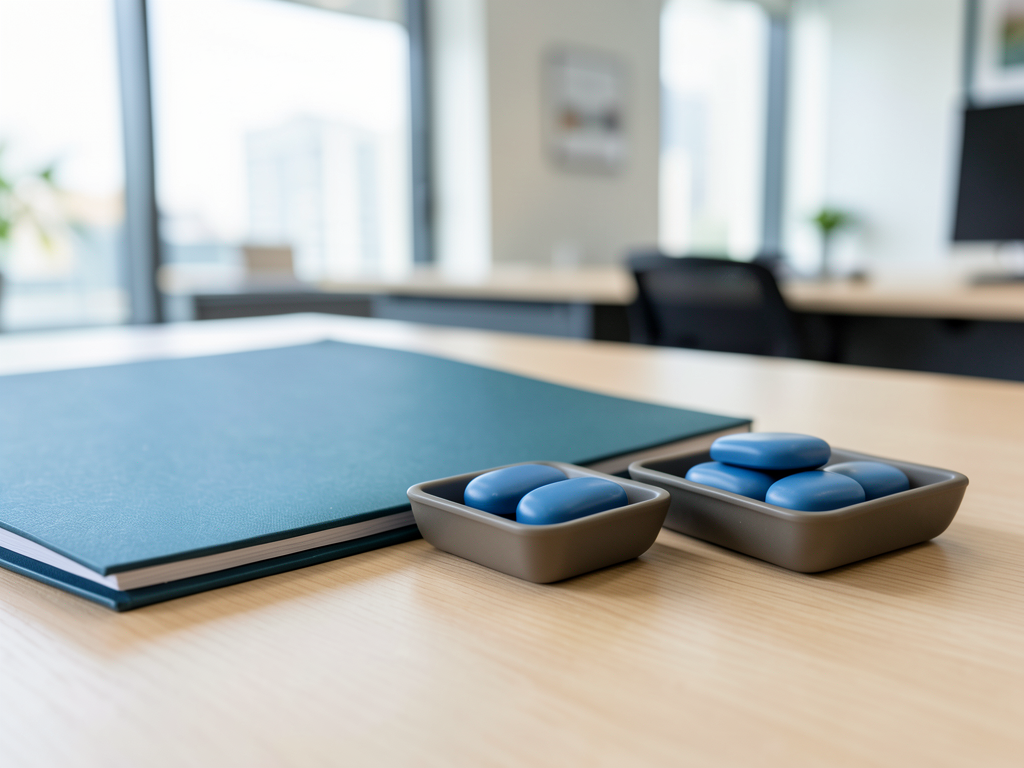 A blue folder and two trays of blue tokens are arranged on a wooden desk in a blurred office setting.
