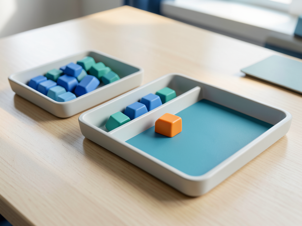 Two trays of blue and teal tokens converge into a single organized tray with an orange token to the side.