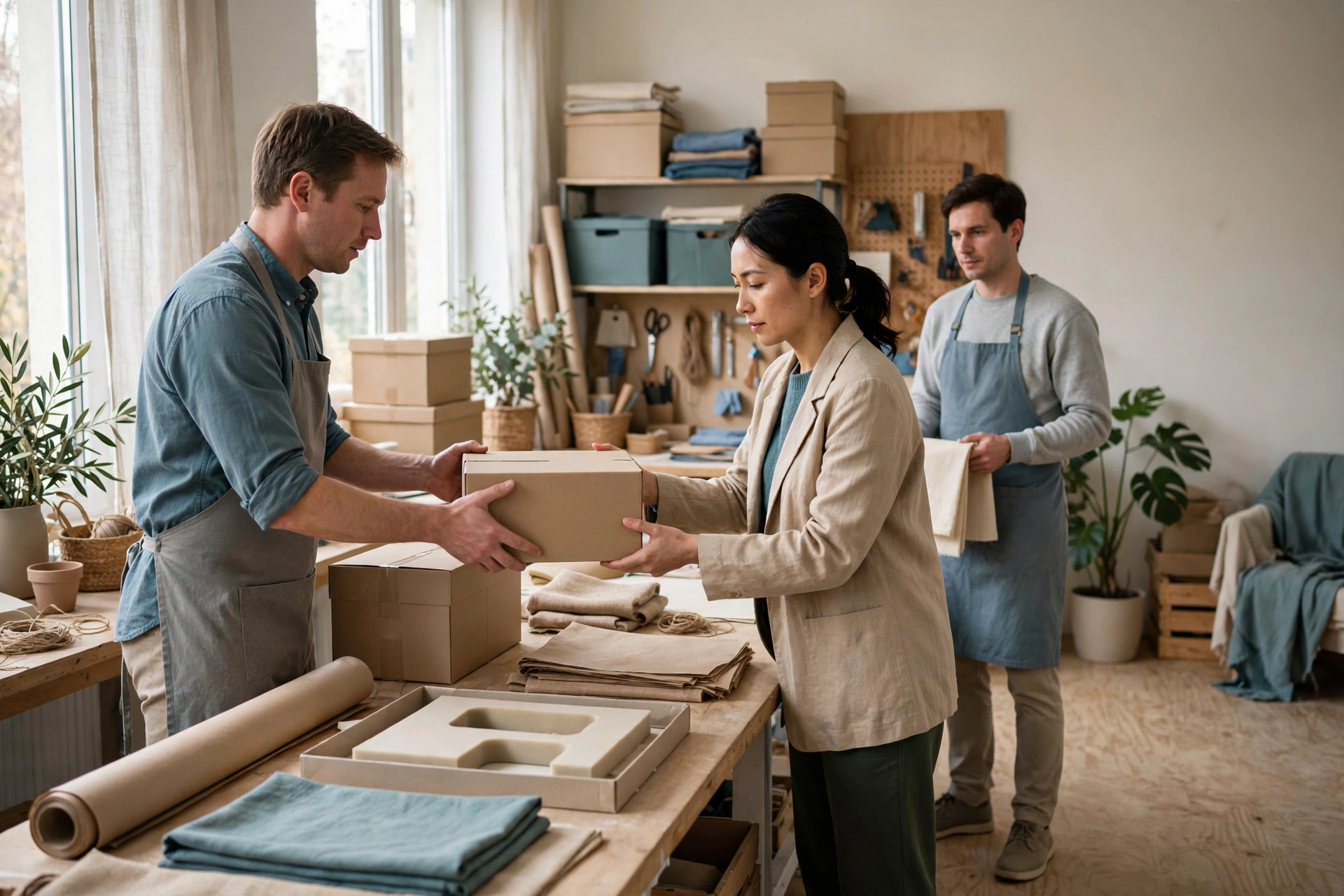 A man hands a box to a woman while another man stands nearby holding a cloth in a studio.