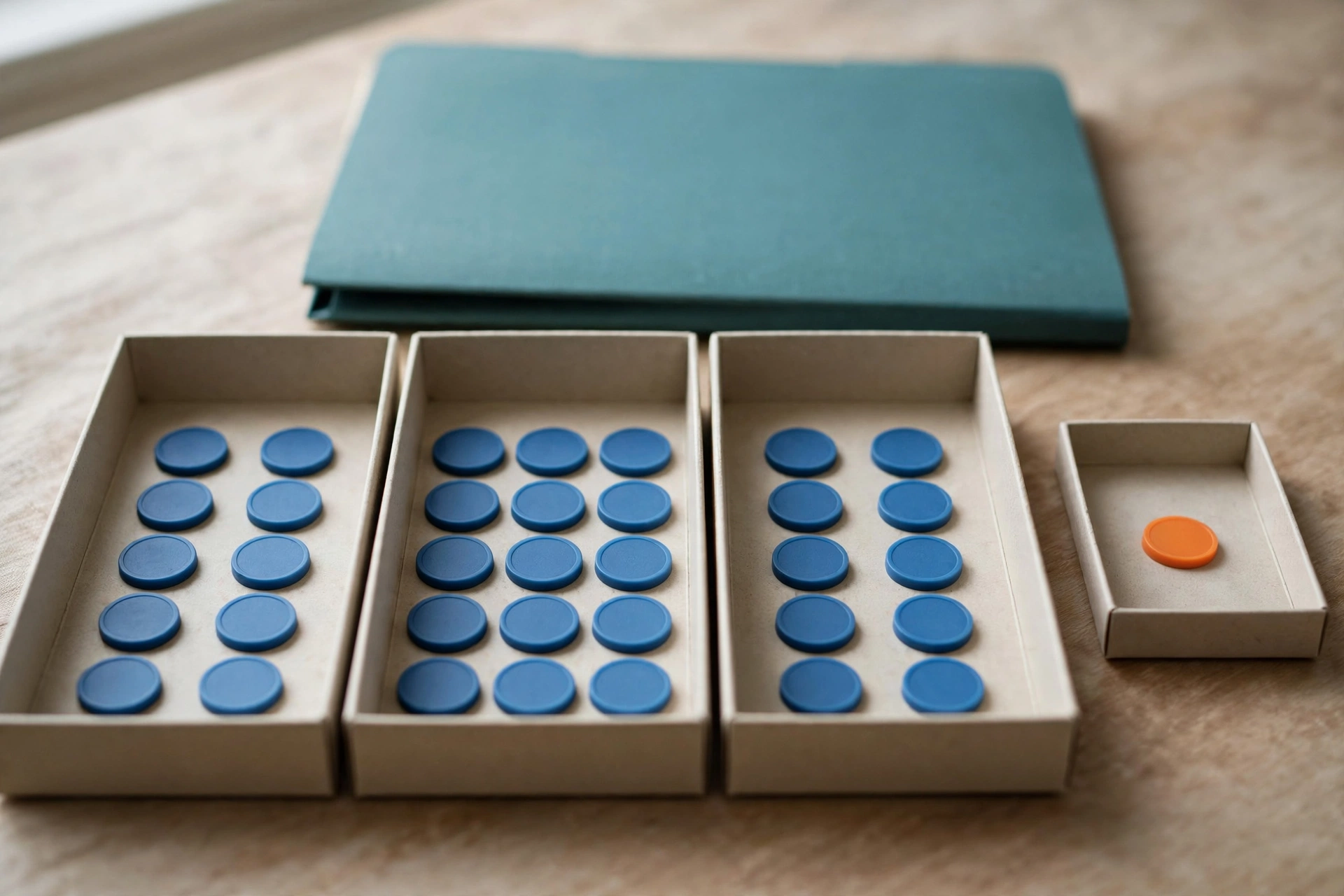 Three trays hold blue tokens, and a fourth small tray holds a single orange token, with a teal folder behind.