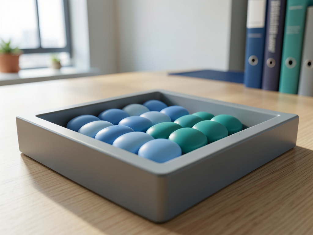 Blue and teal ceramic tokens are arranged in a tray on a wooden desk, representing data organization.