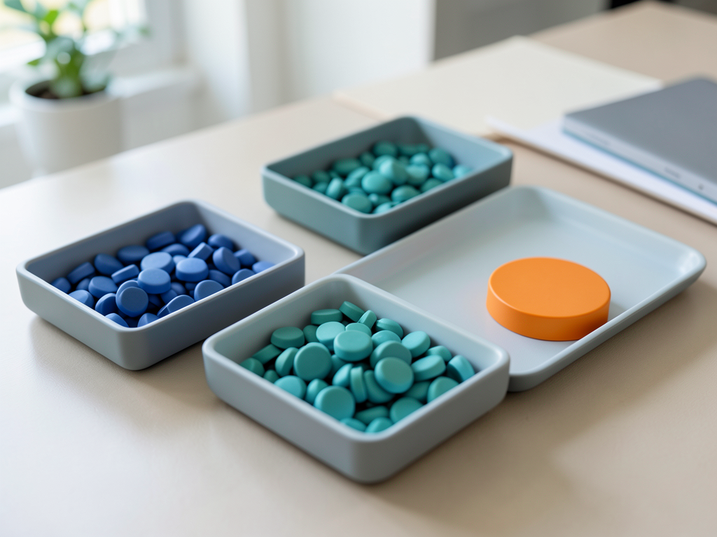 Two trays of blue and teal tokens merge into a single organized tray with an orange token beside it on a desk.