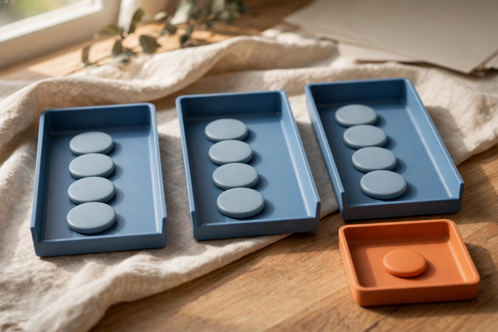 Three blue trays with gray tokens and one orange tray with an orange token are arranged on a wooden surface with a linen cloth.