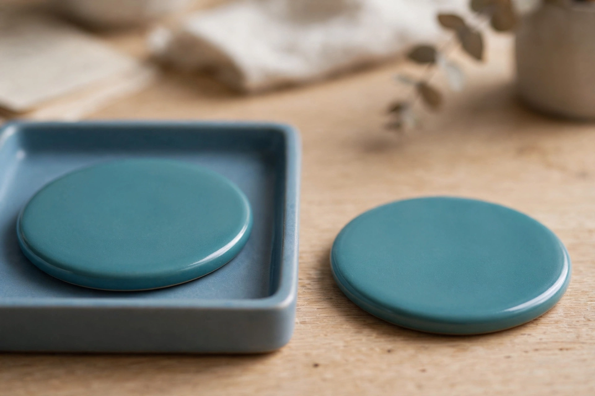 Two identical teal ceramic discs are shown, with one resting in a blue tray and the other placed separately on a wooden surface.