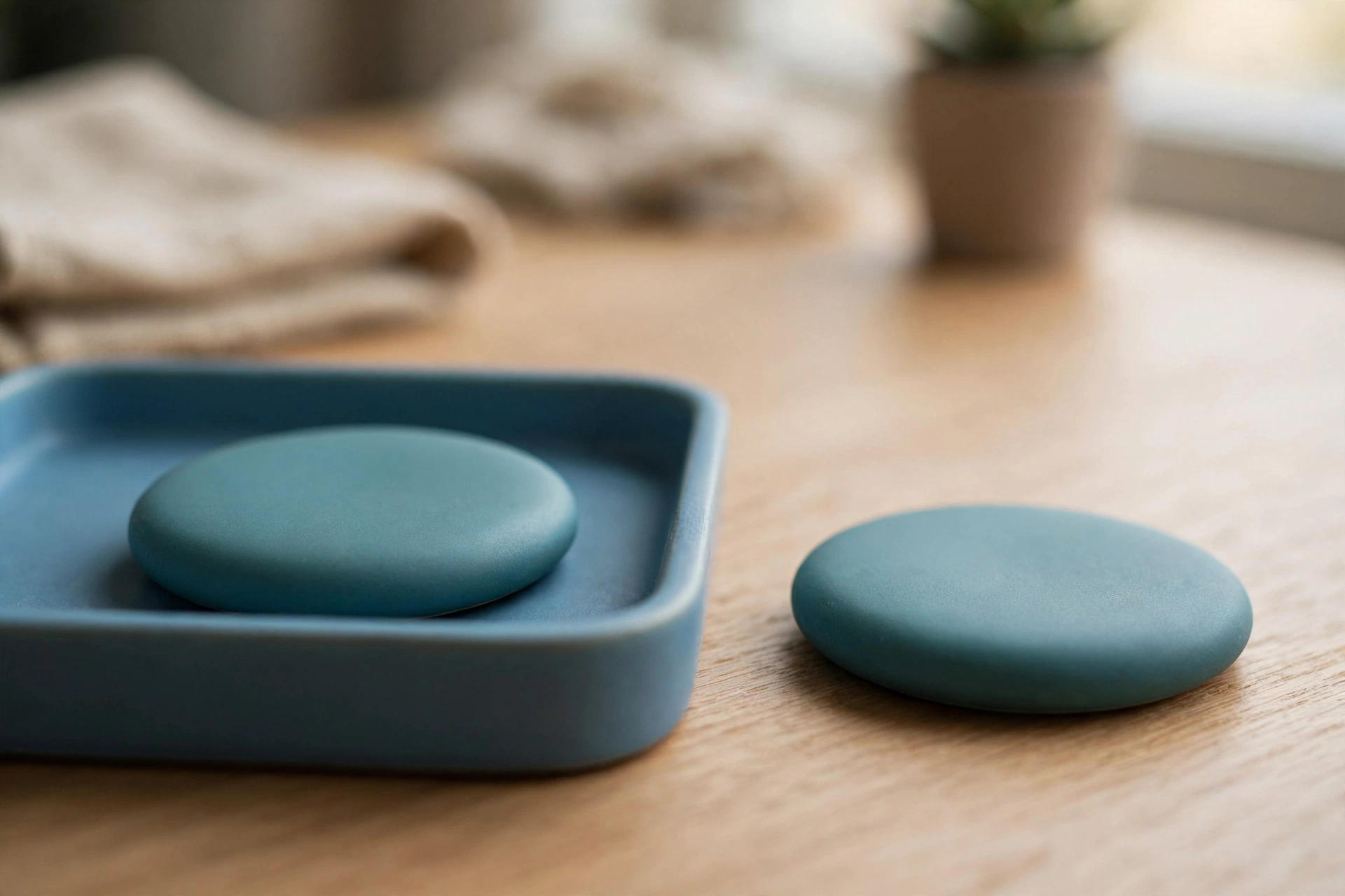 Two identical teal discs are shown on a wooden desk; one disc rests in a blue tray, while the other sits separately beside it.