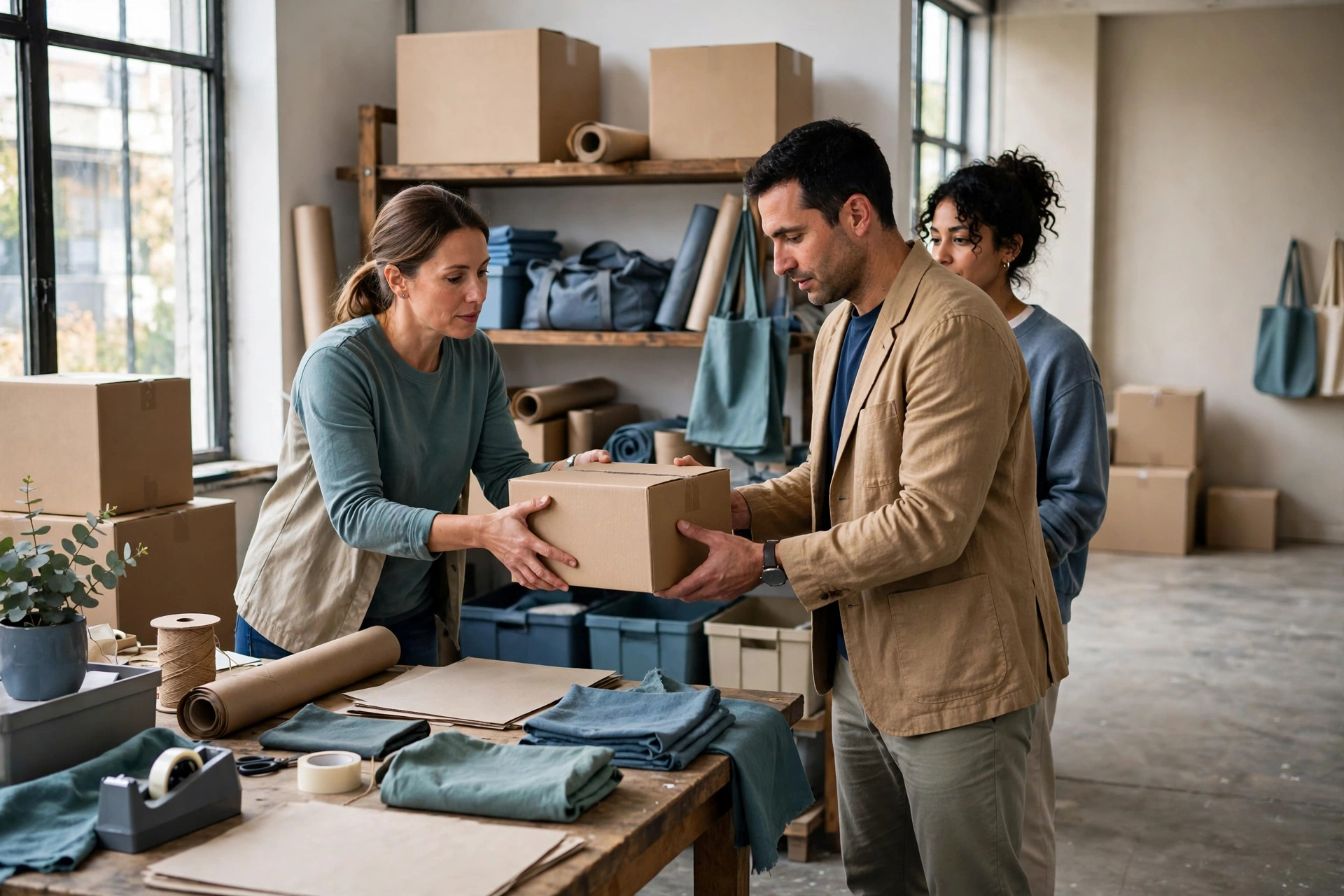 A woman hands a box to a man while another woman watches in a studio with shelves of supplies and boxes.
