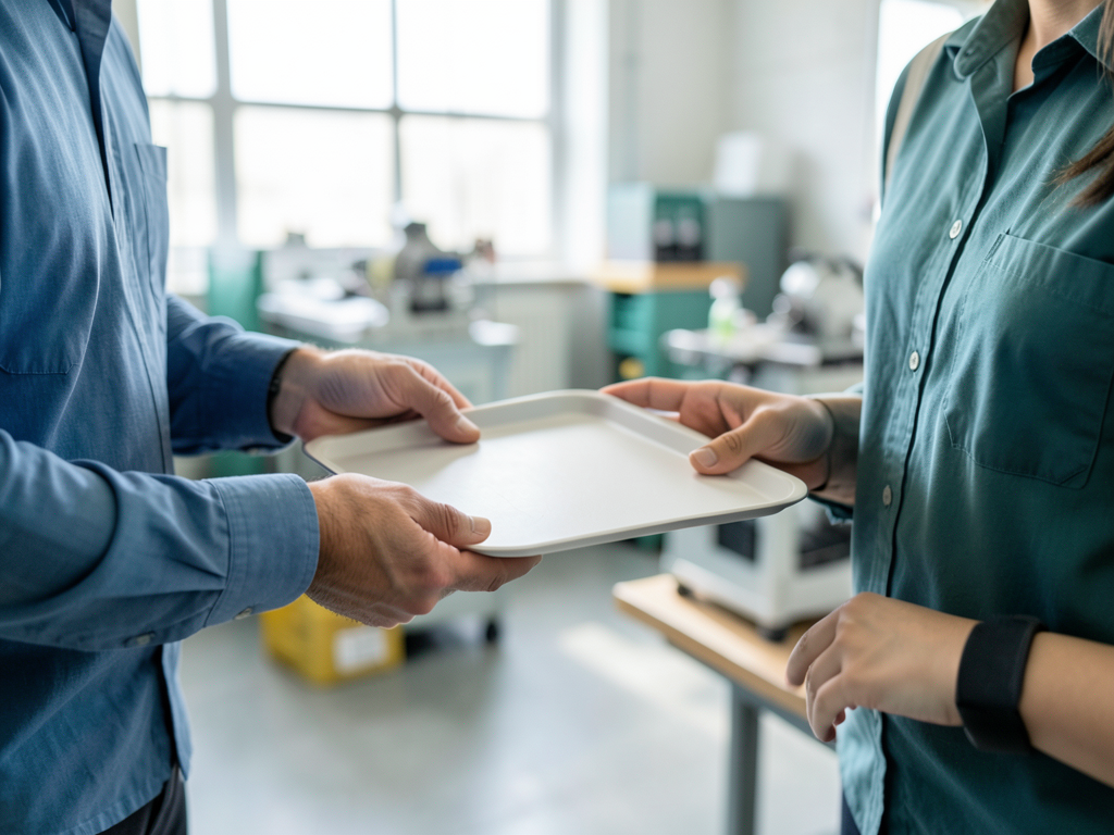 A plant operations colleague hands a plain sample tray to a customer-facing teammate in a bright manufacturing workshop.