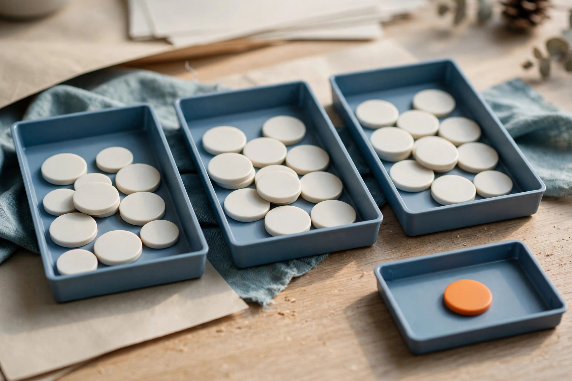 Three blue trays hold white tokens, with a fourth blue tray containing a single orange token on a wooden surface.