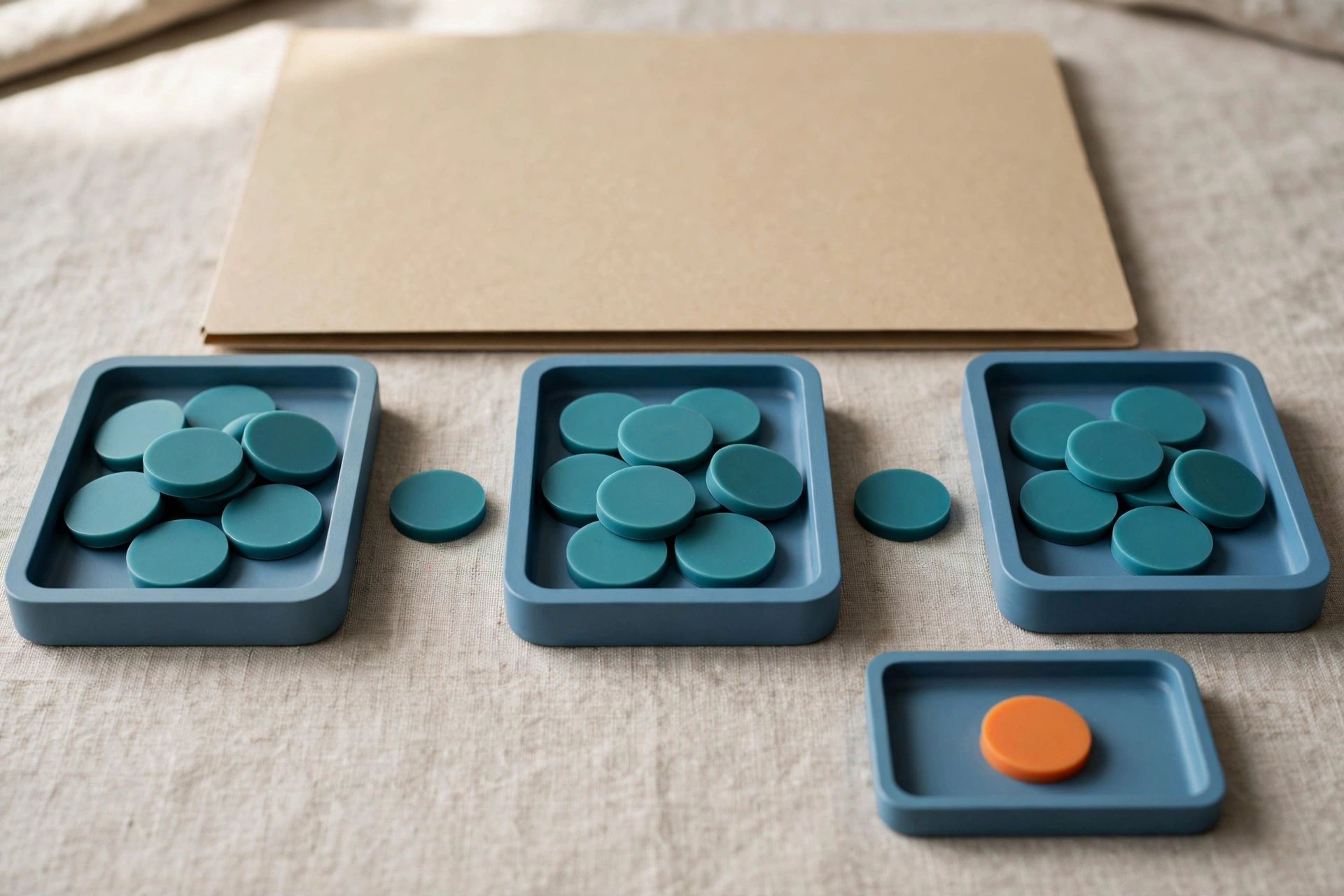 Three blue trays with teal tokens in a row, a separate tray with an orange token, and a closed folder behind.