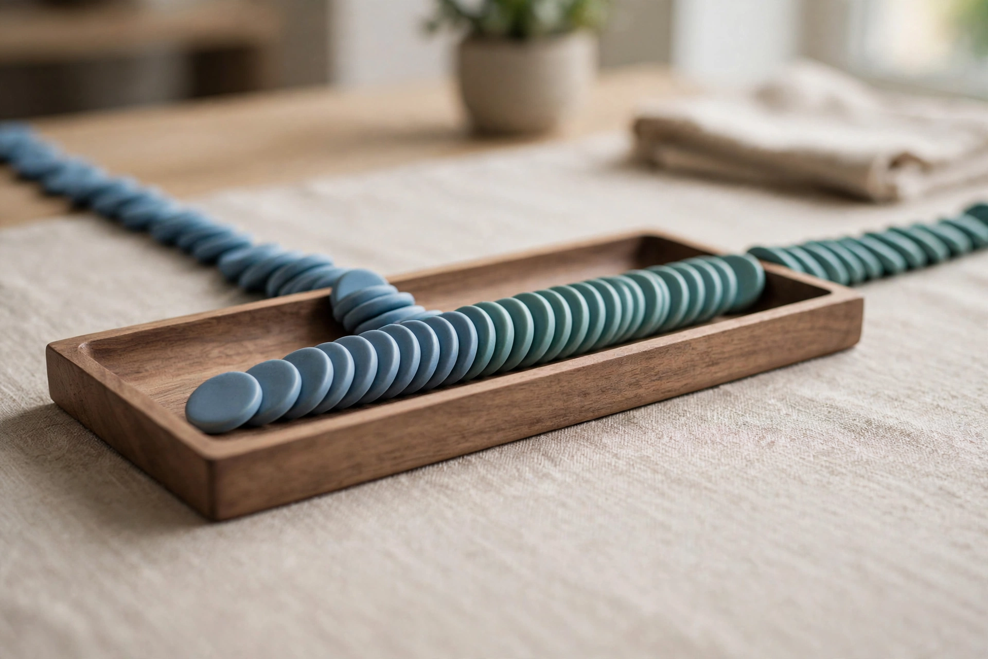 Two streams of blue and teal tokens converge into a single row in a wooden tray on a textured surface.