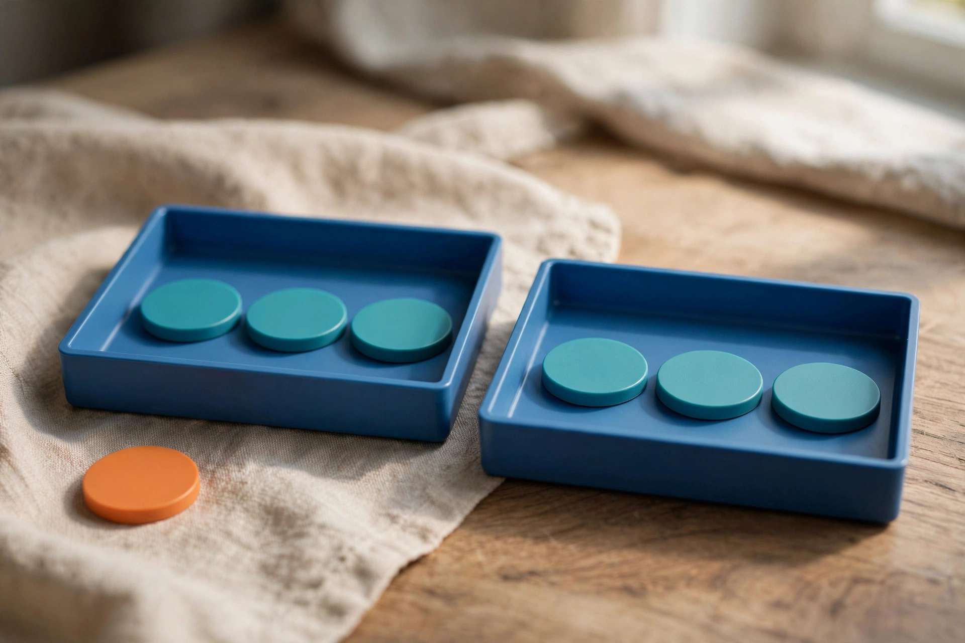 Two blue sorting trays with teal tokens sit on a wooden surface next to a beige cloth, with an orange token beside the left tray.