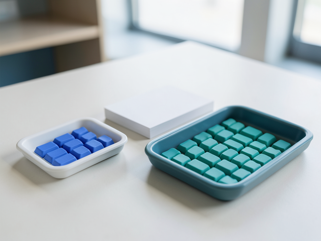 Two trays of blue and teal tokens are combined into one organized tray on a table.