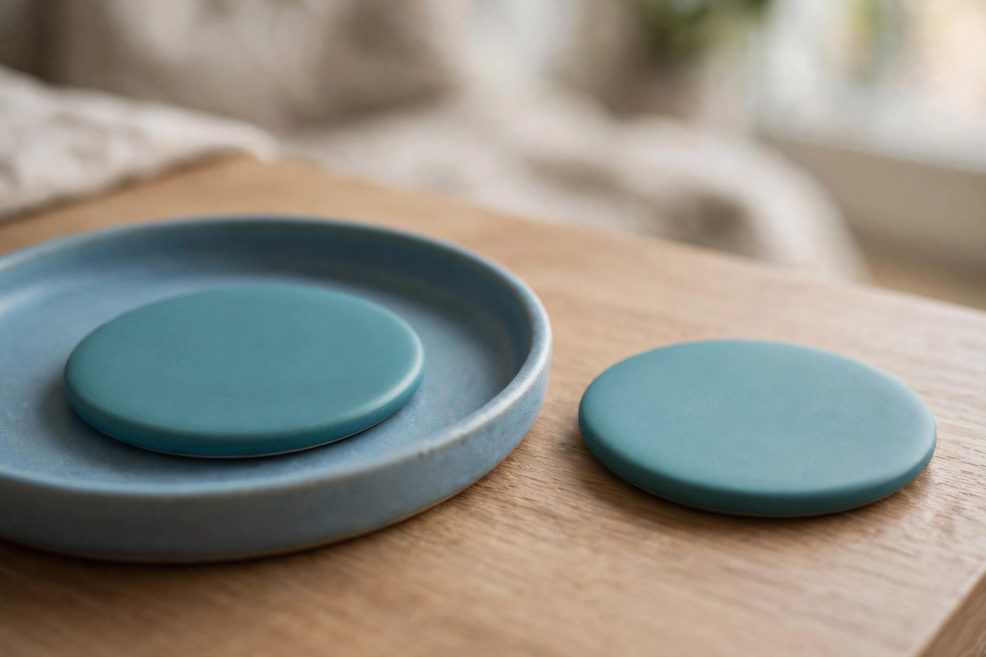 Two identical teal ceramic discs are shown on a wooden surface; one disc is inside a blue tray, and the other is placed separately outside the tray.