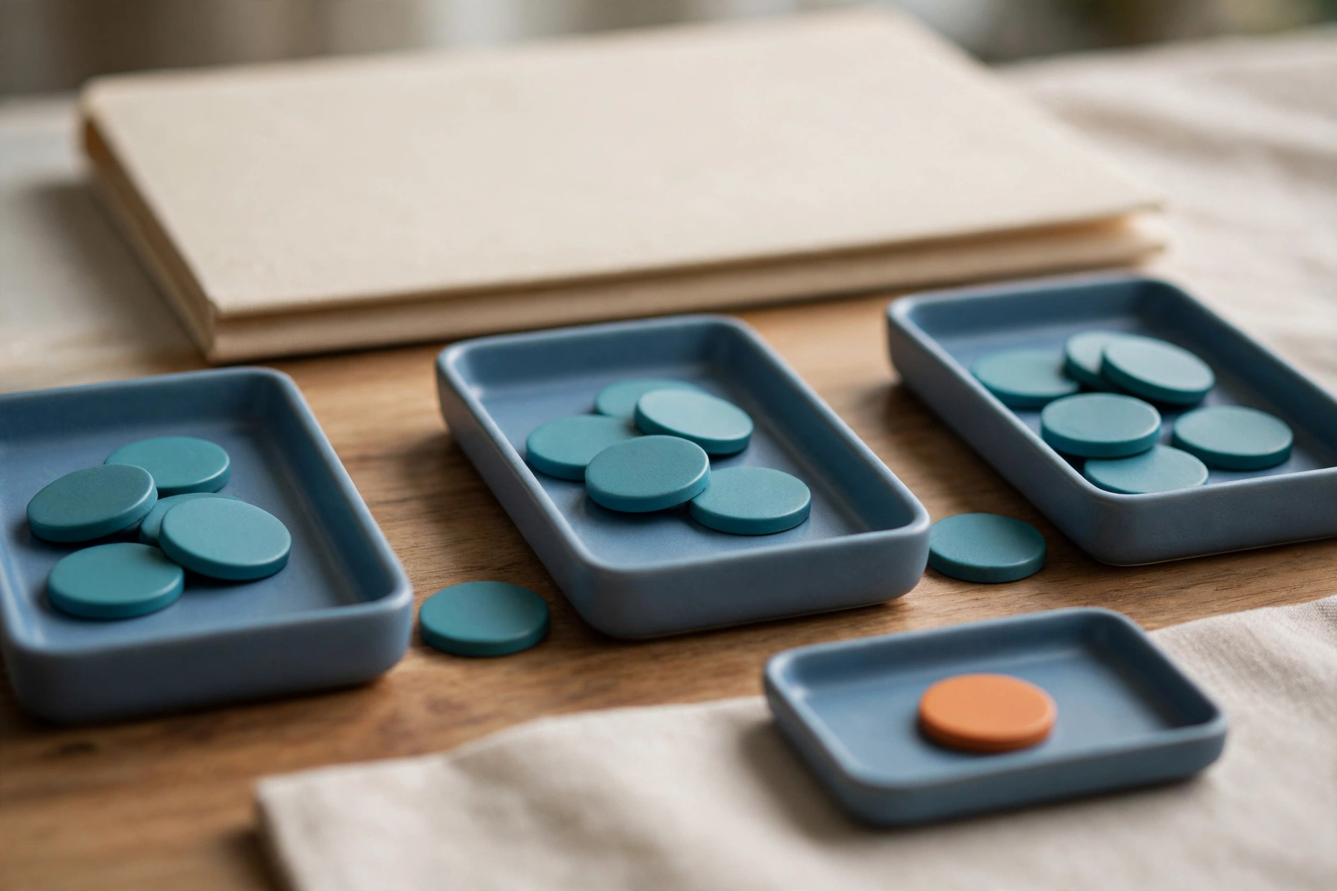 Three blue trays with teal tokens and one orange token in a separate tray are arranged on a wooden surface with a closed book behind.