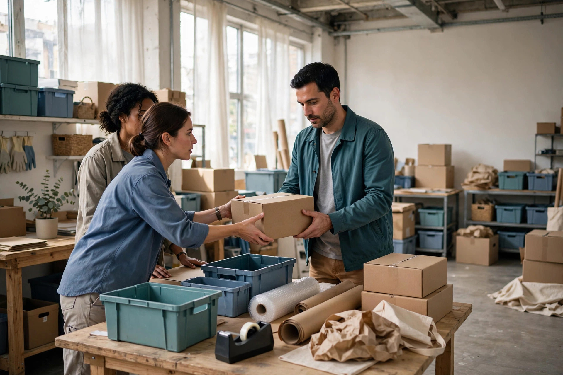 A woman hands a box to a man while another woman looks on in a studio with shelves of boxes and supplies.