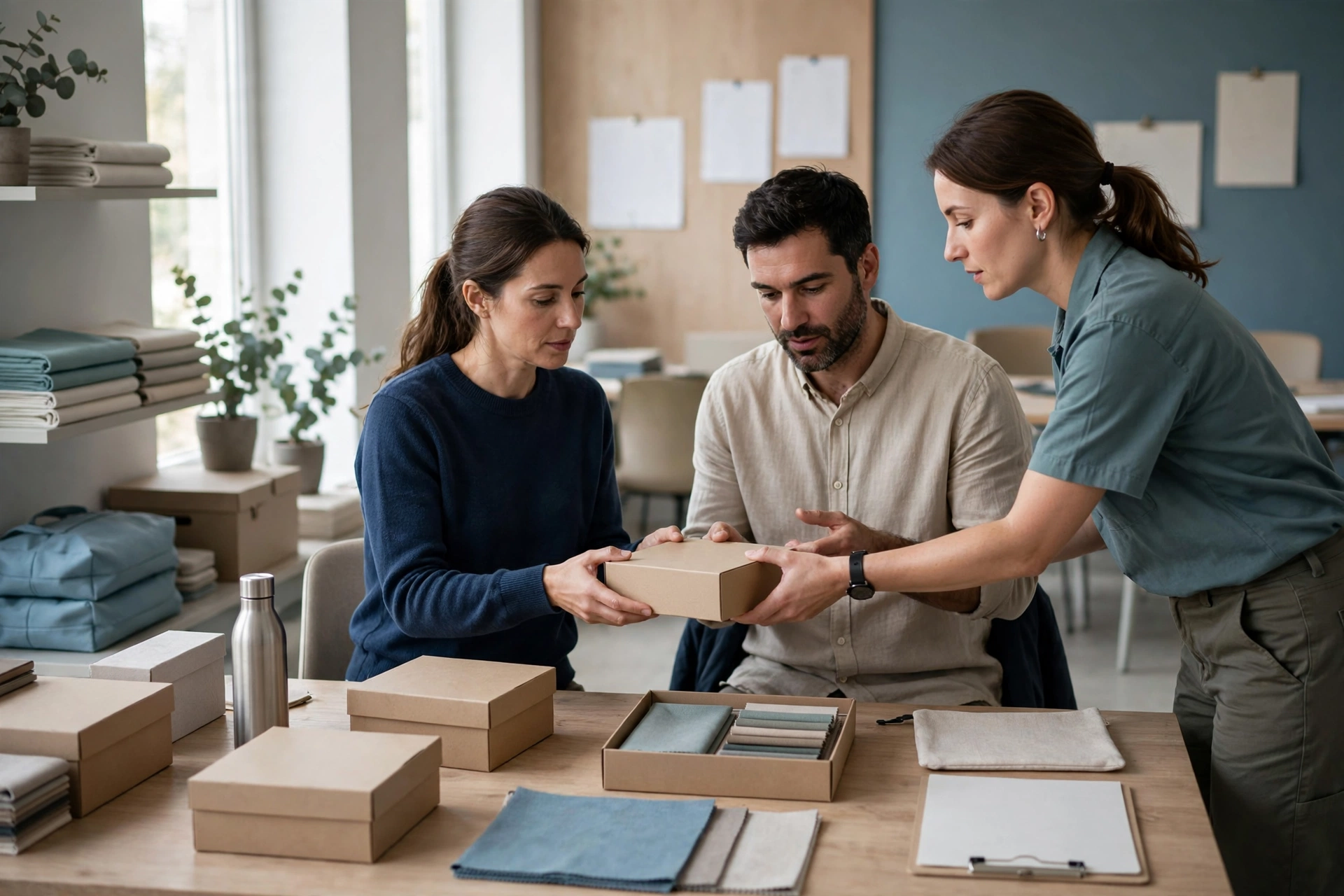 Three people are gathered around a table in a bright project room, coordinating a customer handoff with sample materials.