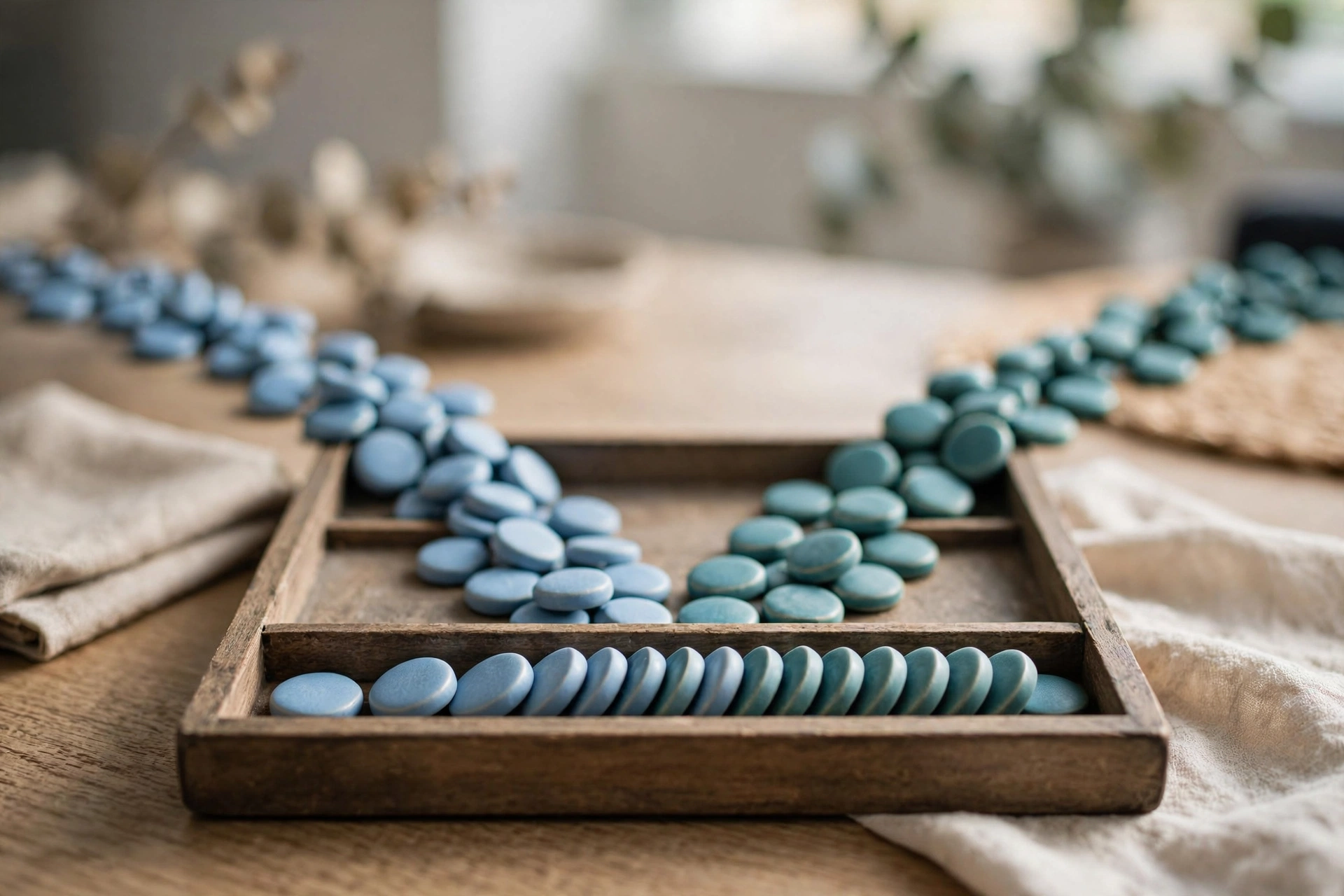 Two streams of blue and teal ceramic tokens converge into a single ordered row within a wooden sorting tray on a table.