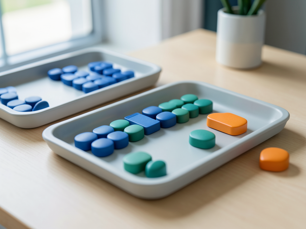 Two trays of blue and teal tokens merge into one organized tray, with an orange token separate, symbolizing data integration.