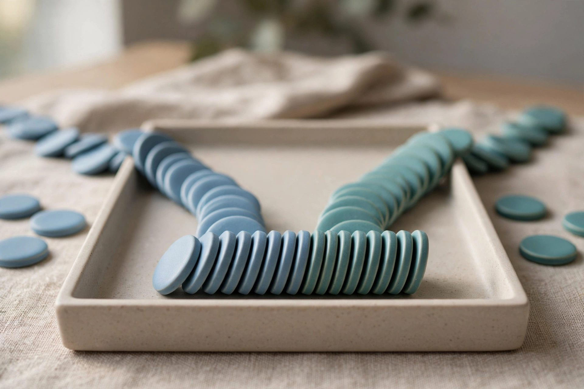 Two streams of blue and teal ceramic tokens converge into one ordered row inside a shallow sorting tray.